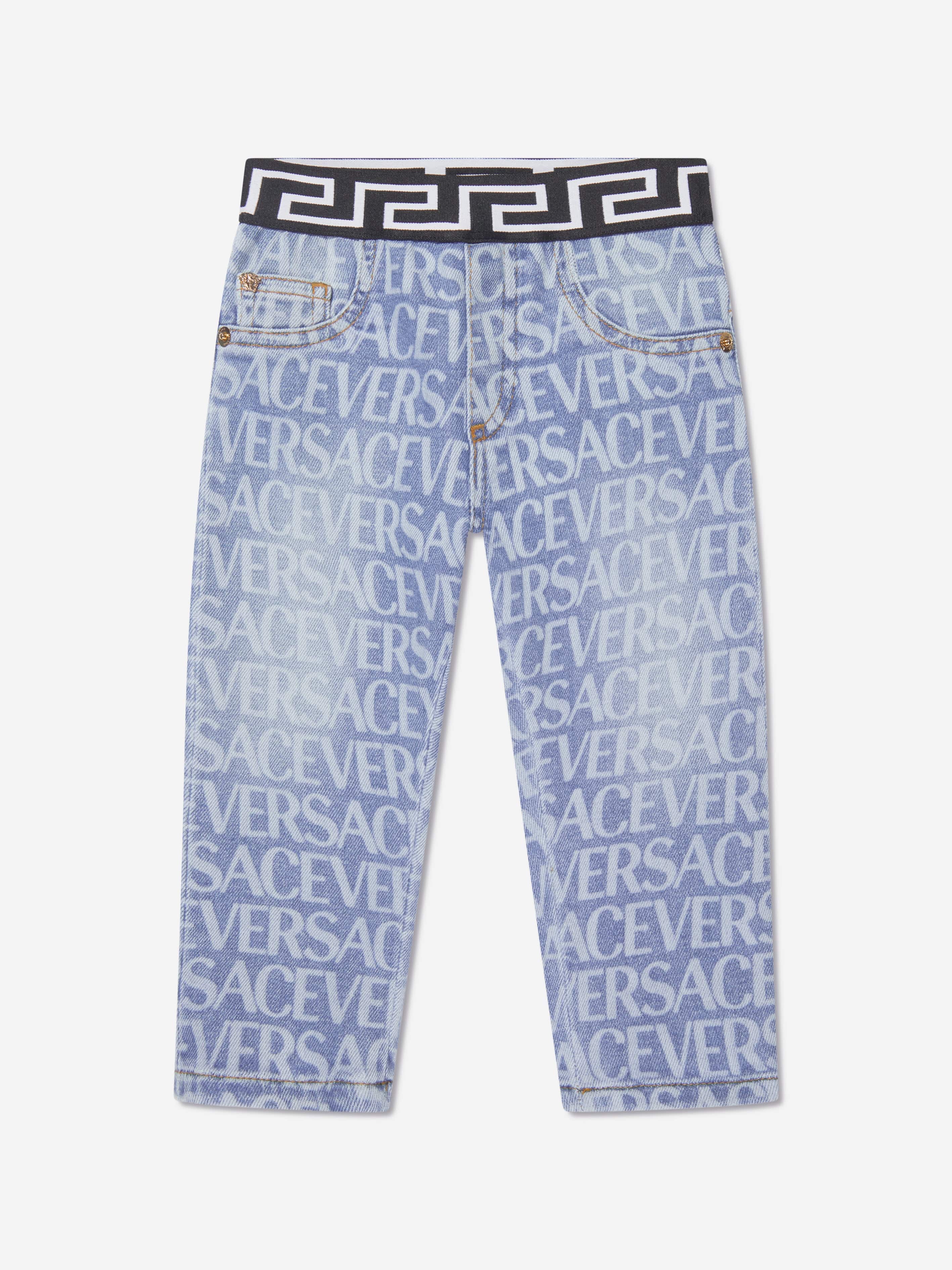 Versace Baby Logo Print Pull On Jeans in Blue