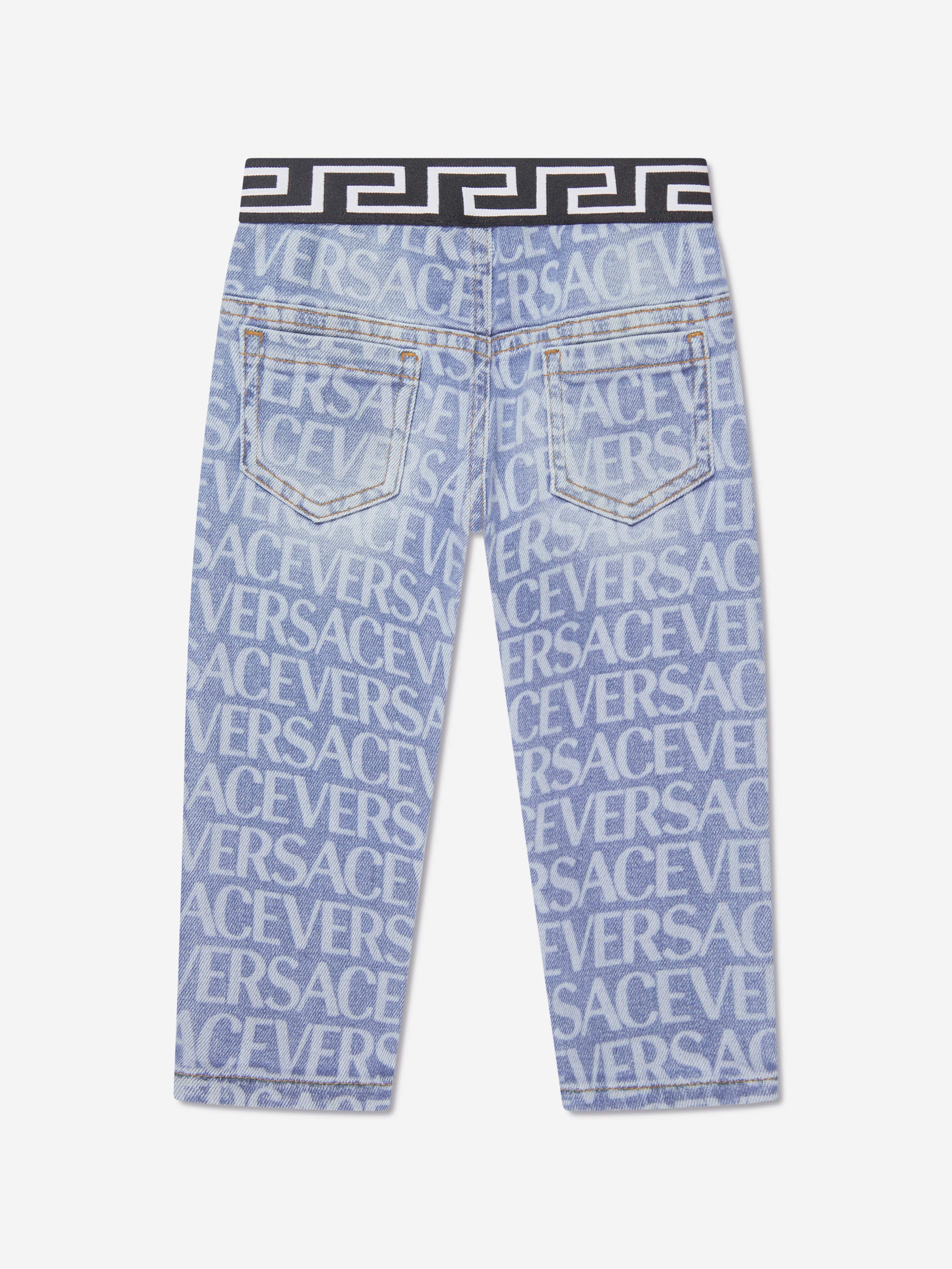 Versace Baby Logo Print Pull On Jeans in Blue