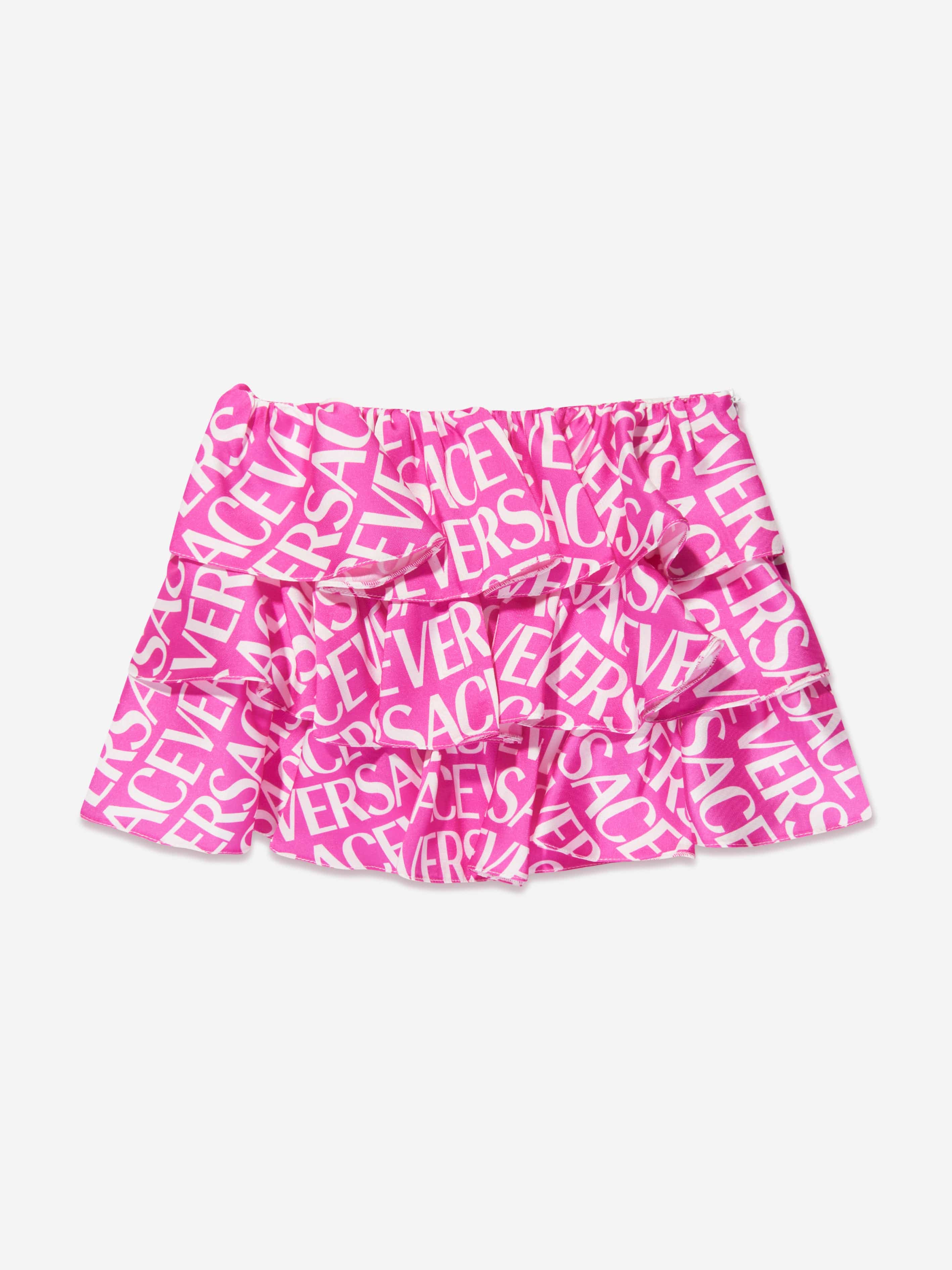 Versace Girls Logo Print Ruffle Skirt in Pink