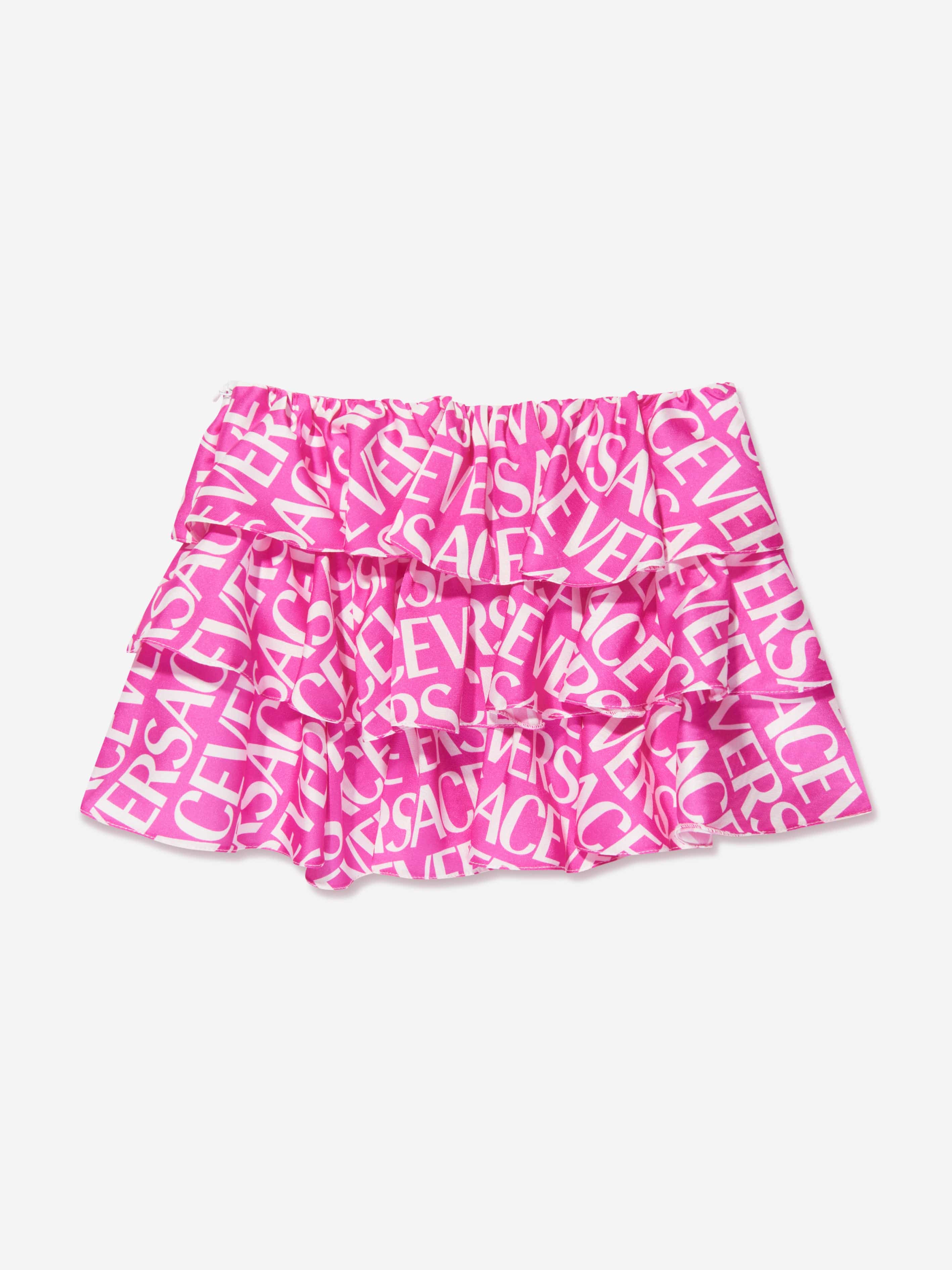 Versace Girls Logo Print Ruffle Skirt in Pink