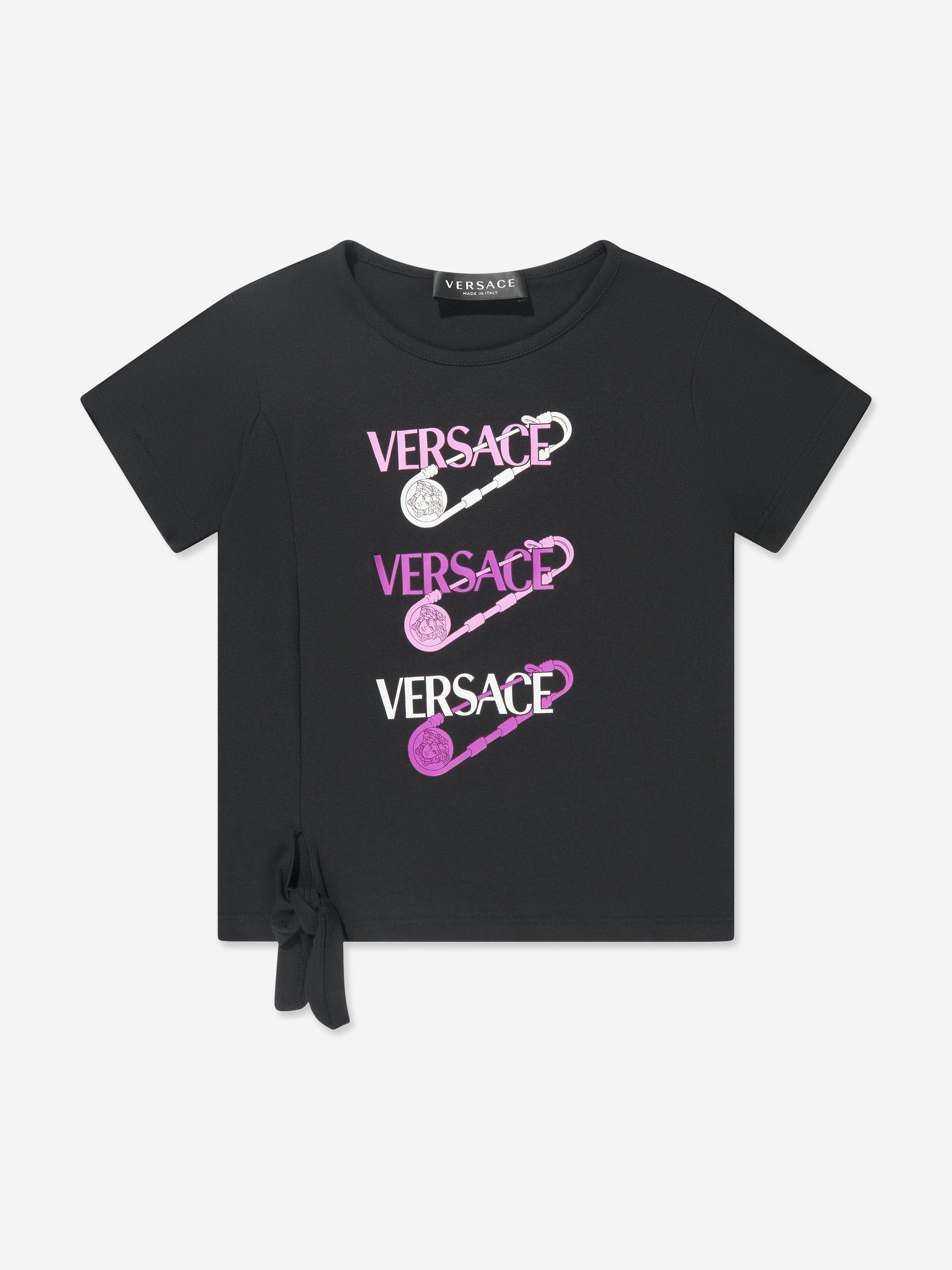 Versace Girls Safety Pin Logo T-Shirt in Black