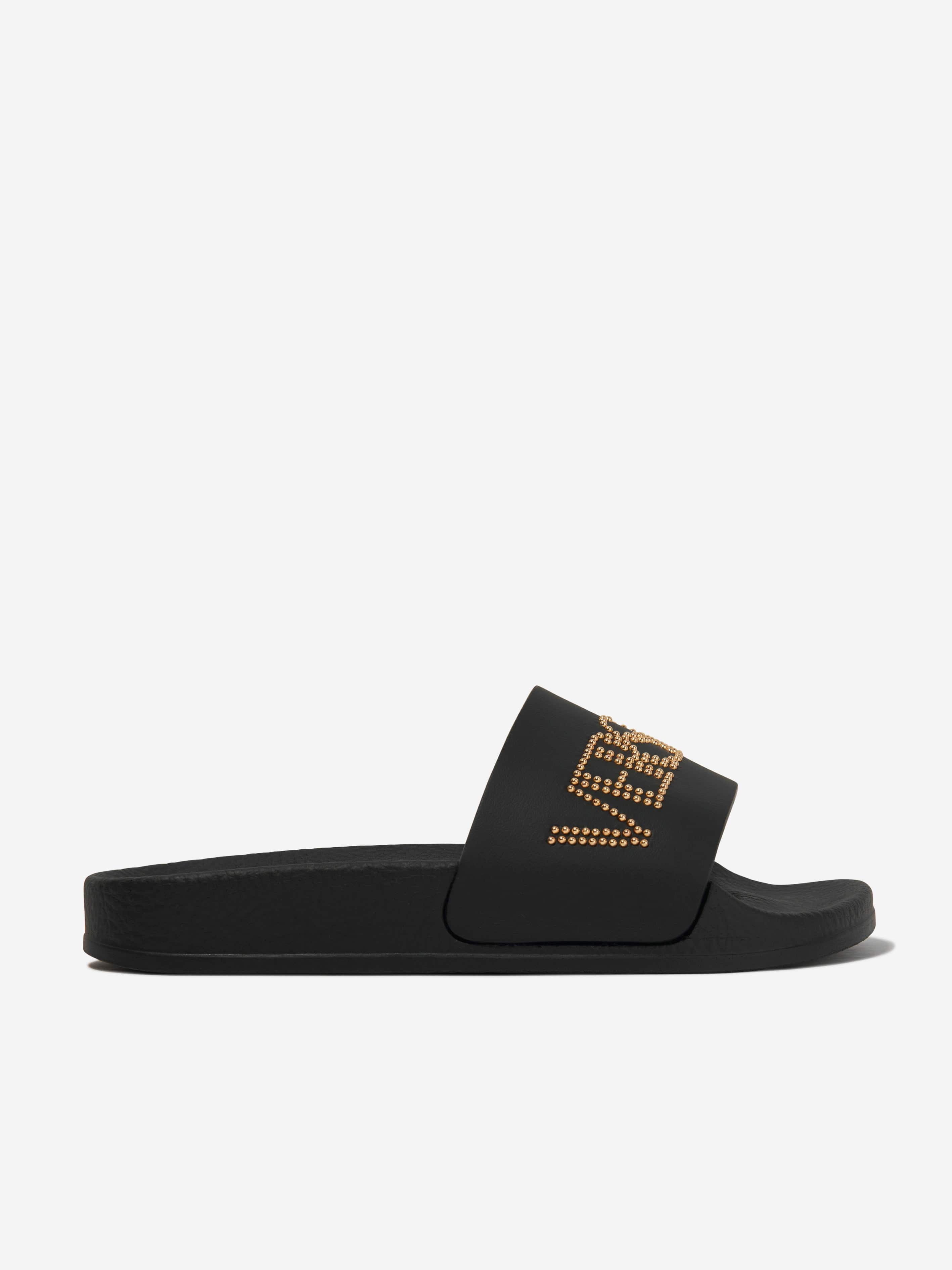 Versace Kids Leather Logo Sliders in Black