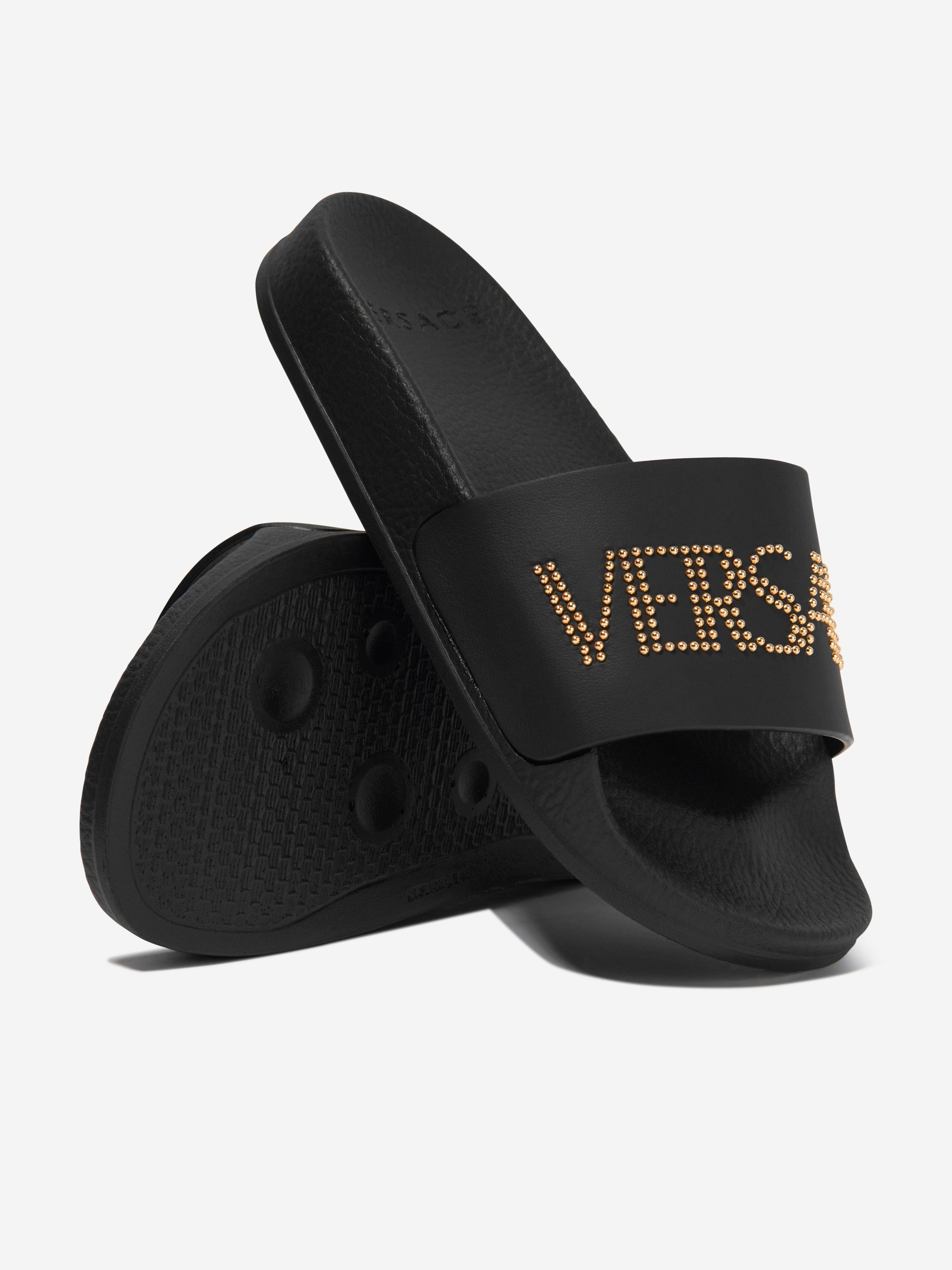 Versace Kids Leather Logo Sliders in Black