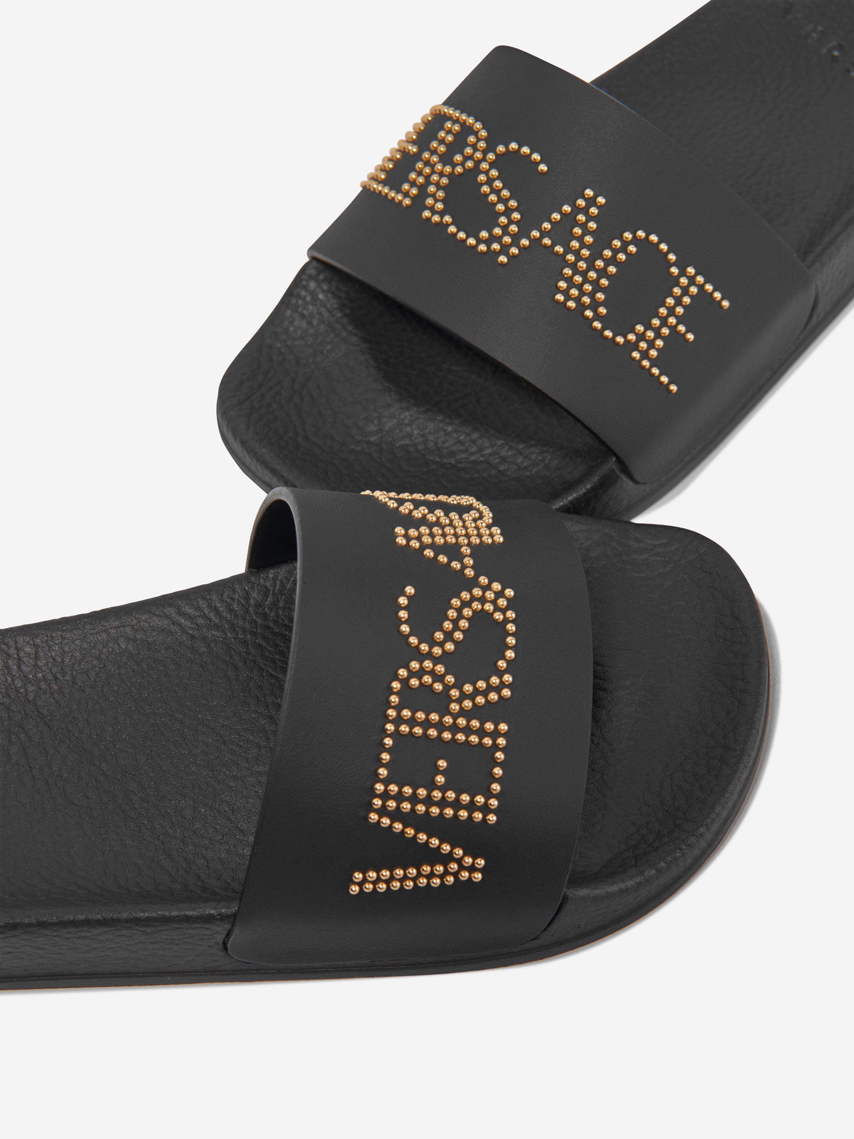 Versace Kids Leather Logo Sliders in Black