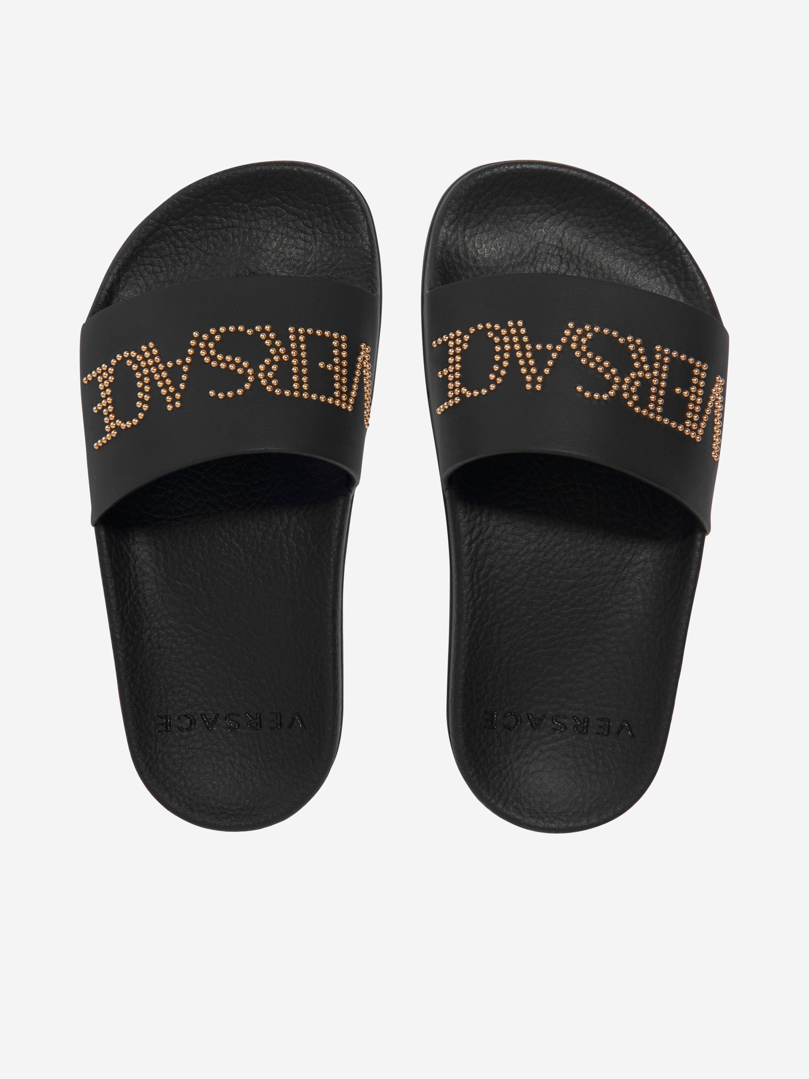 Versace Kids Leather Logo Sliders in Black