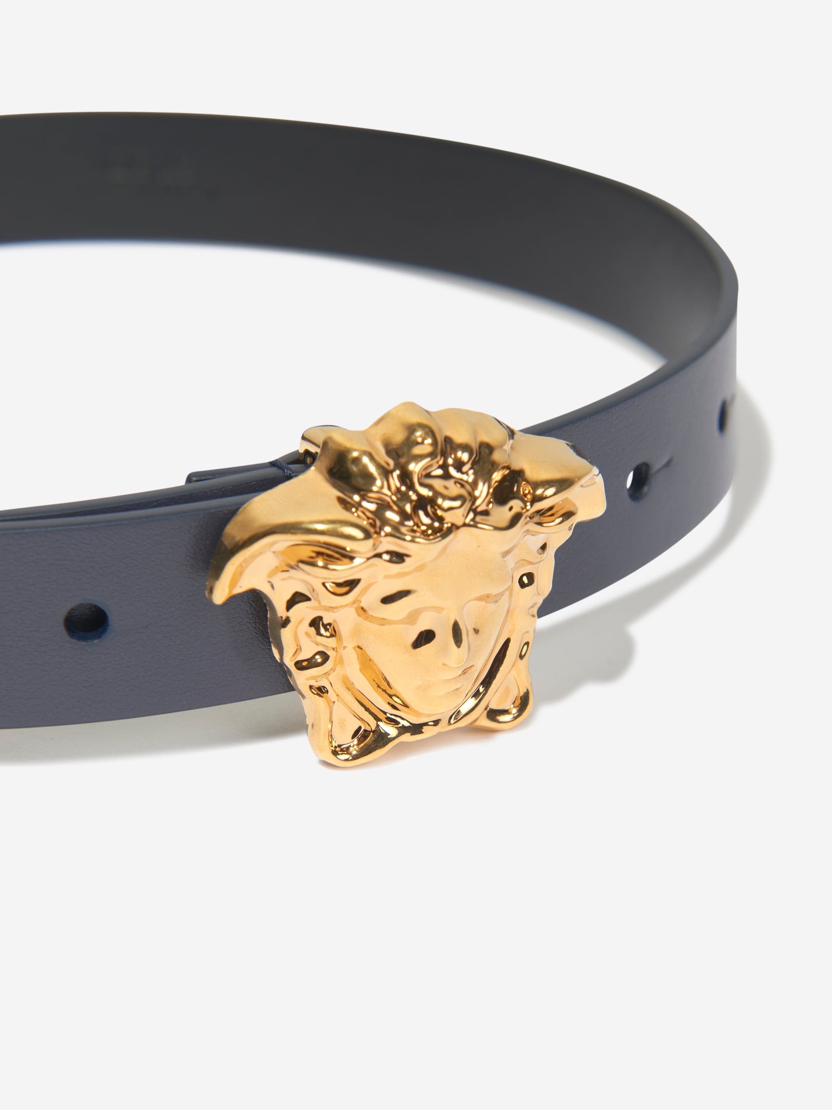 Versace Kids Leather Medusa Buckle Belt in Navy