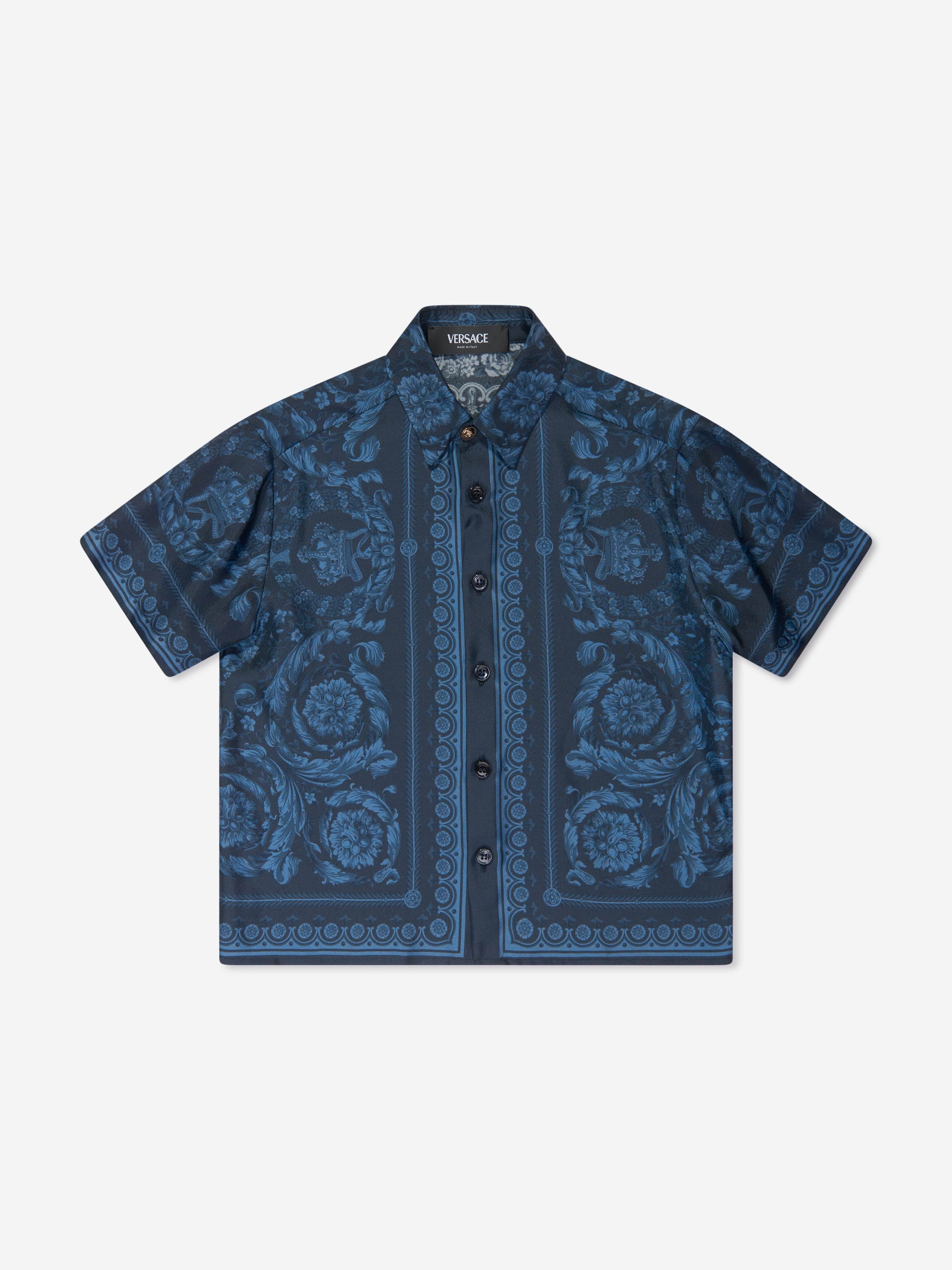 Versace Boys Silk Barocco Shirt in Navy