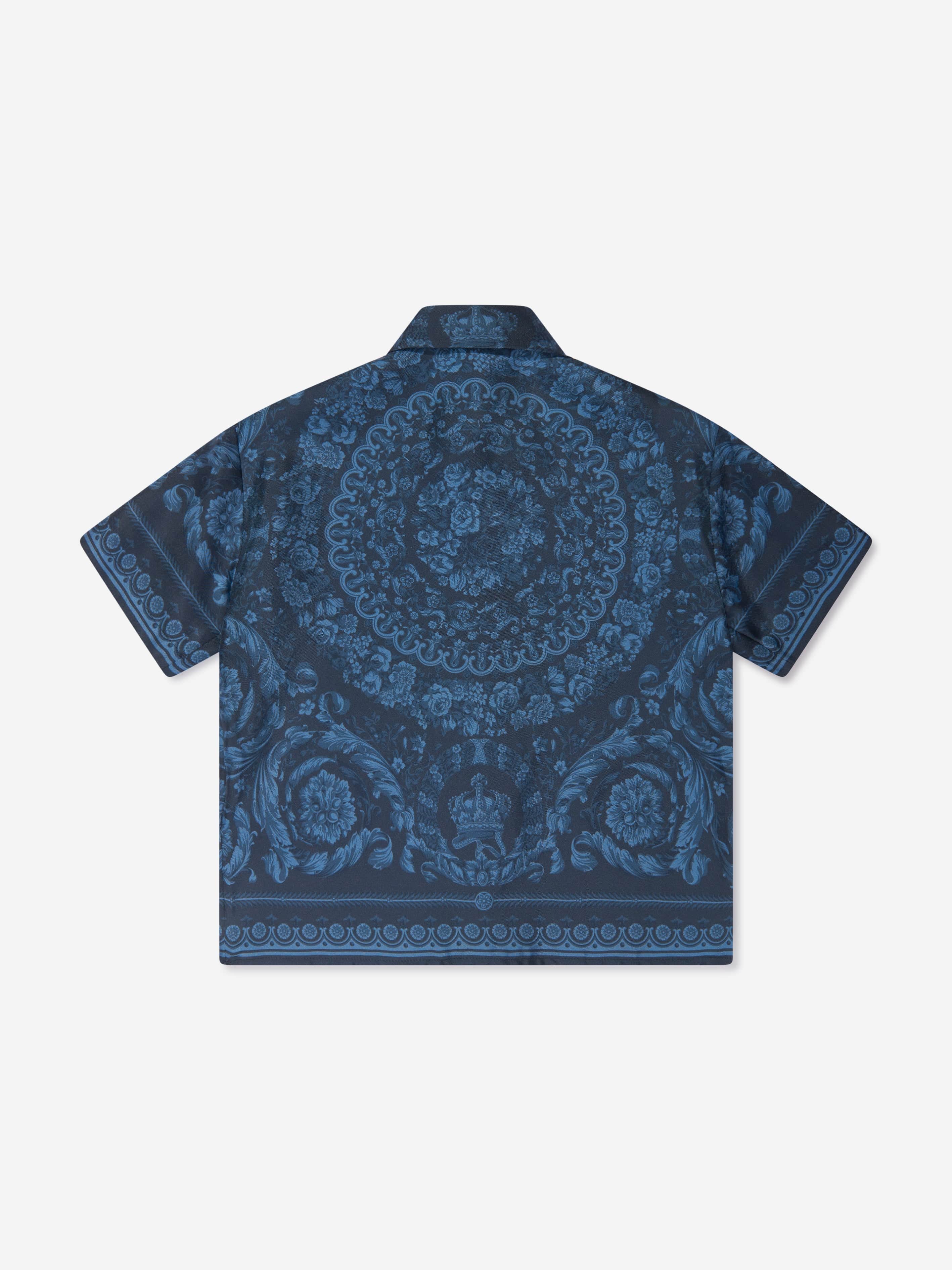 Versace Boys Silk Barocco Shirt in Navy