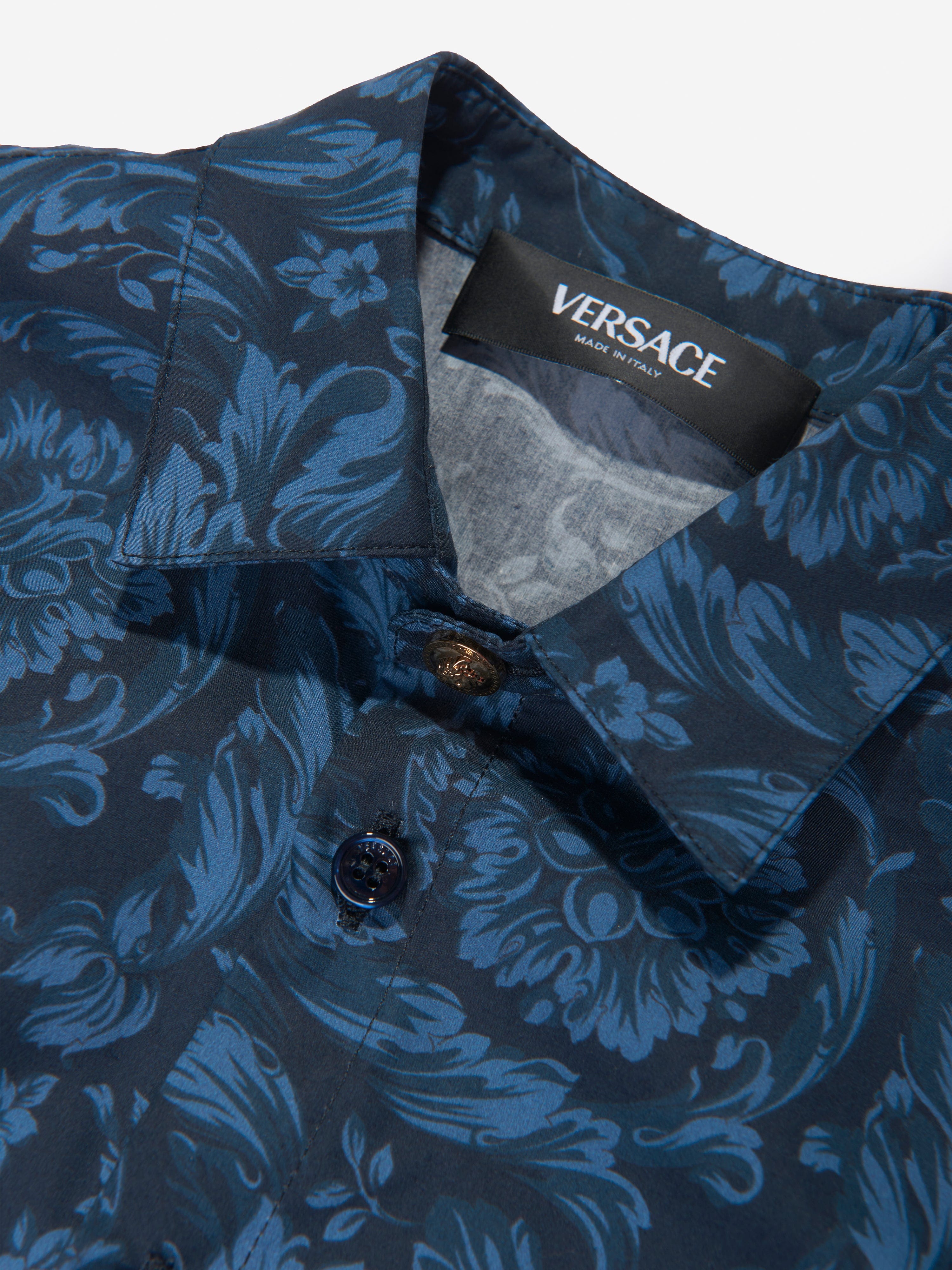 Versace Boys Silk Barocco Shirt in Navy