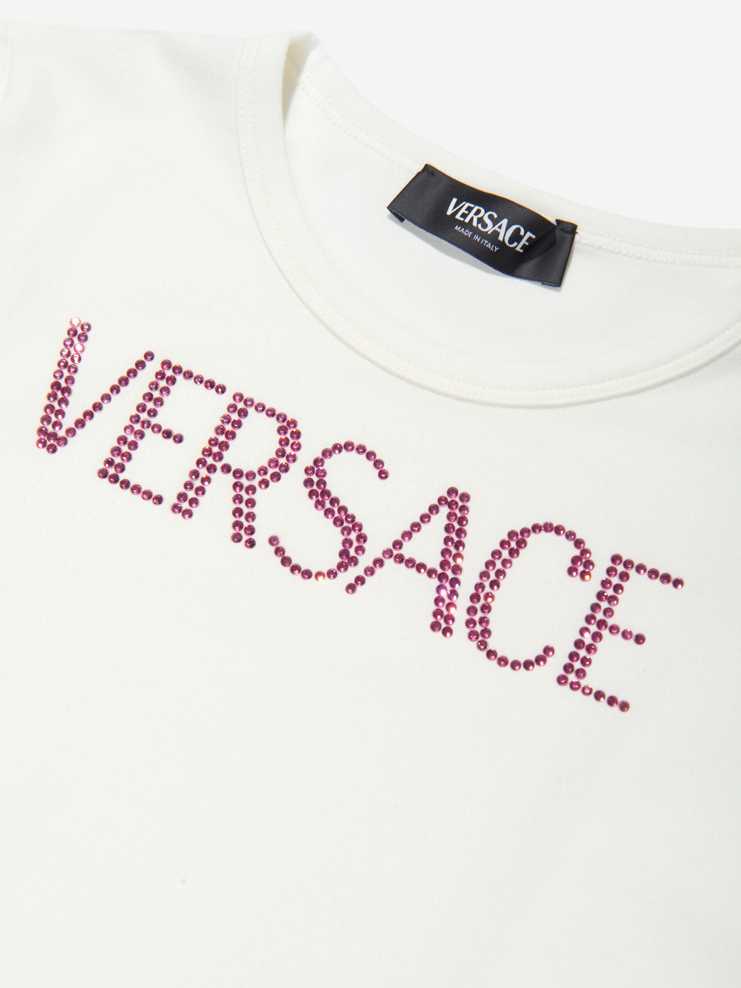 Versace Girls Diamante Logo T-Shirt in White