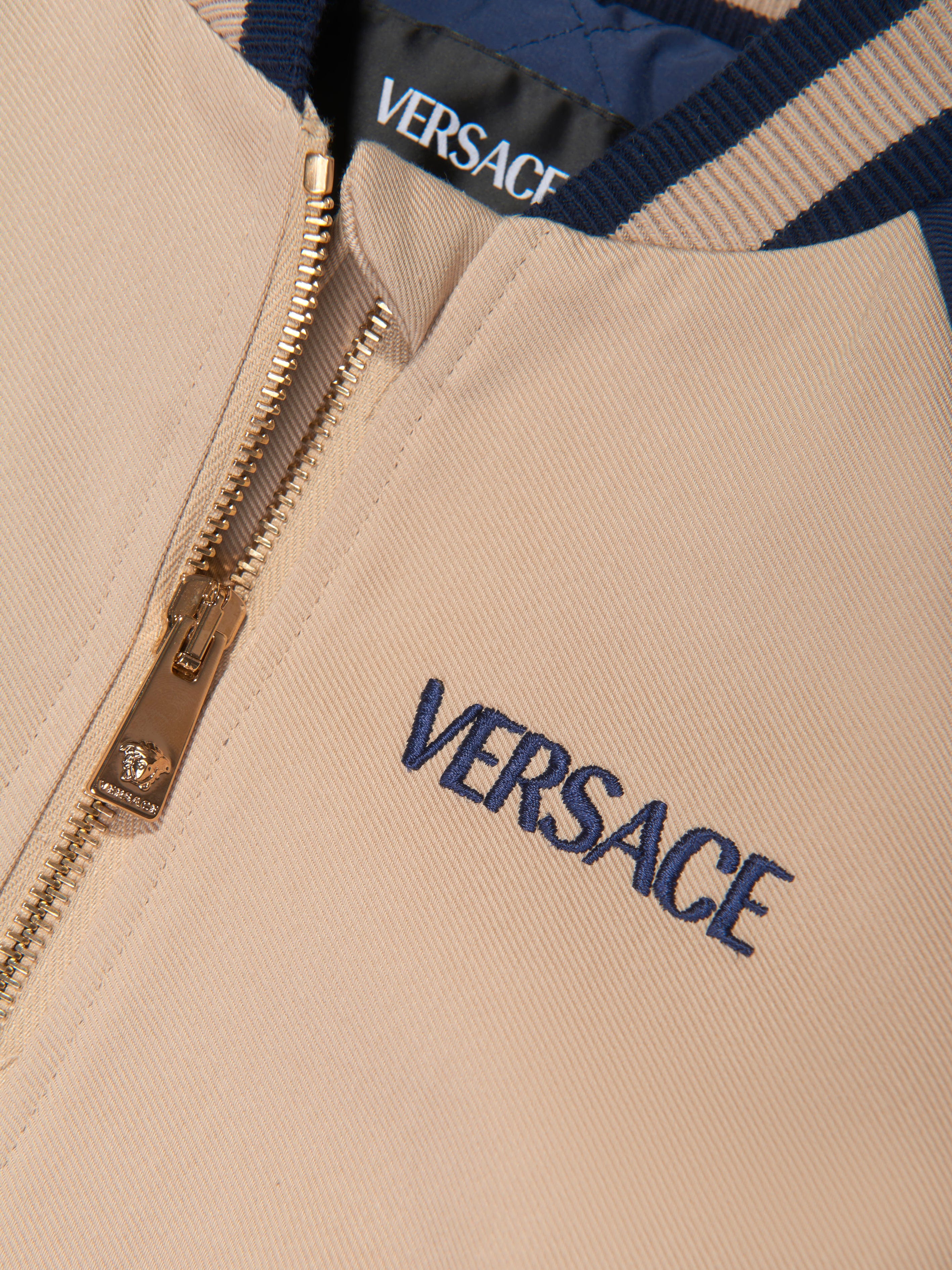 Versace Boys Embroidered Logo Bomber Jacket in Beige