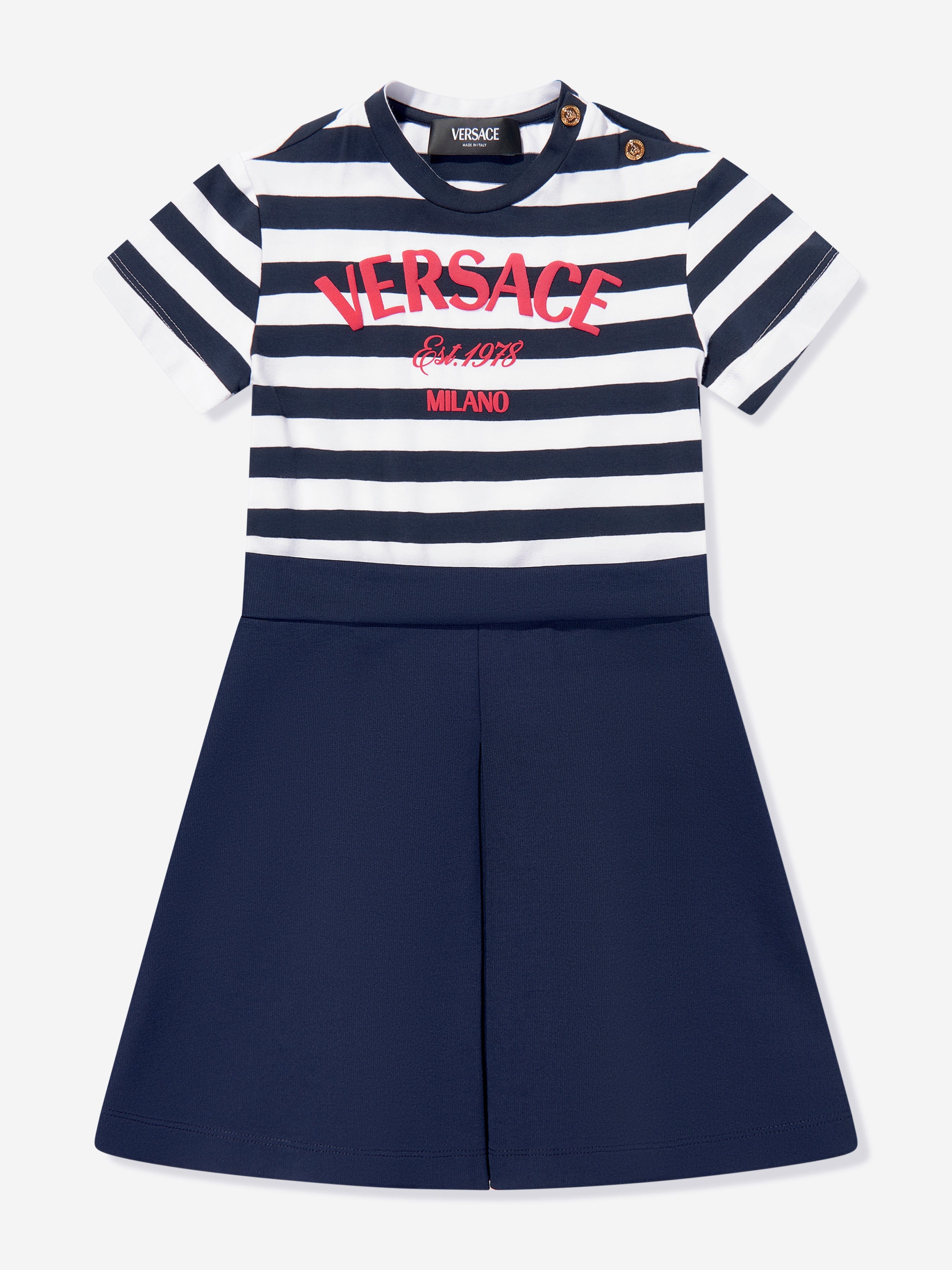 Versace Girls Nautical Striped Logo Dress in Navy