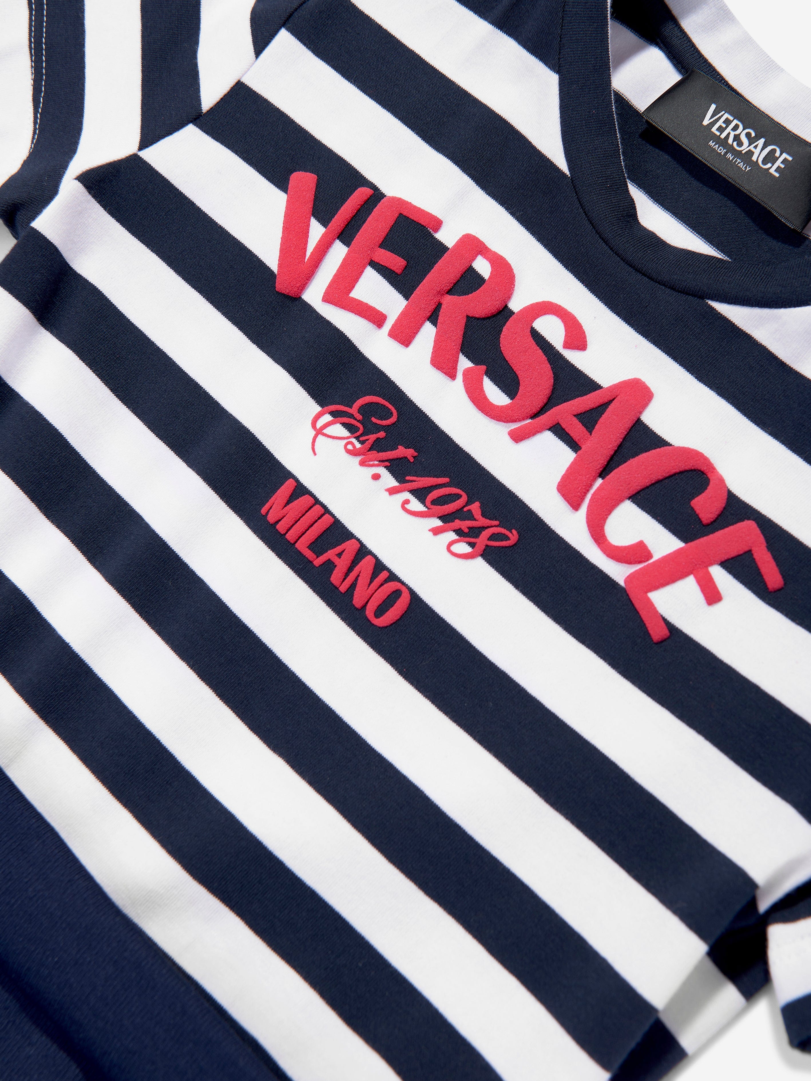 Versace Girls Nautical Striped Logo Dress in Navy