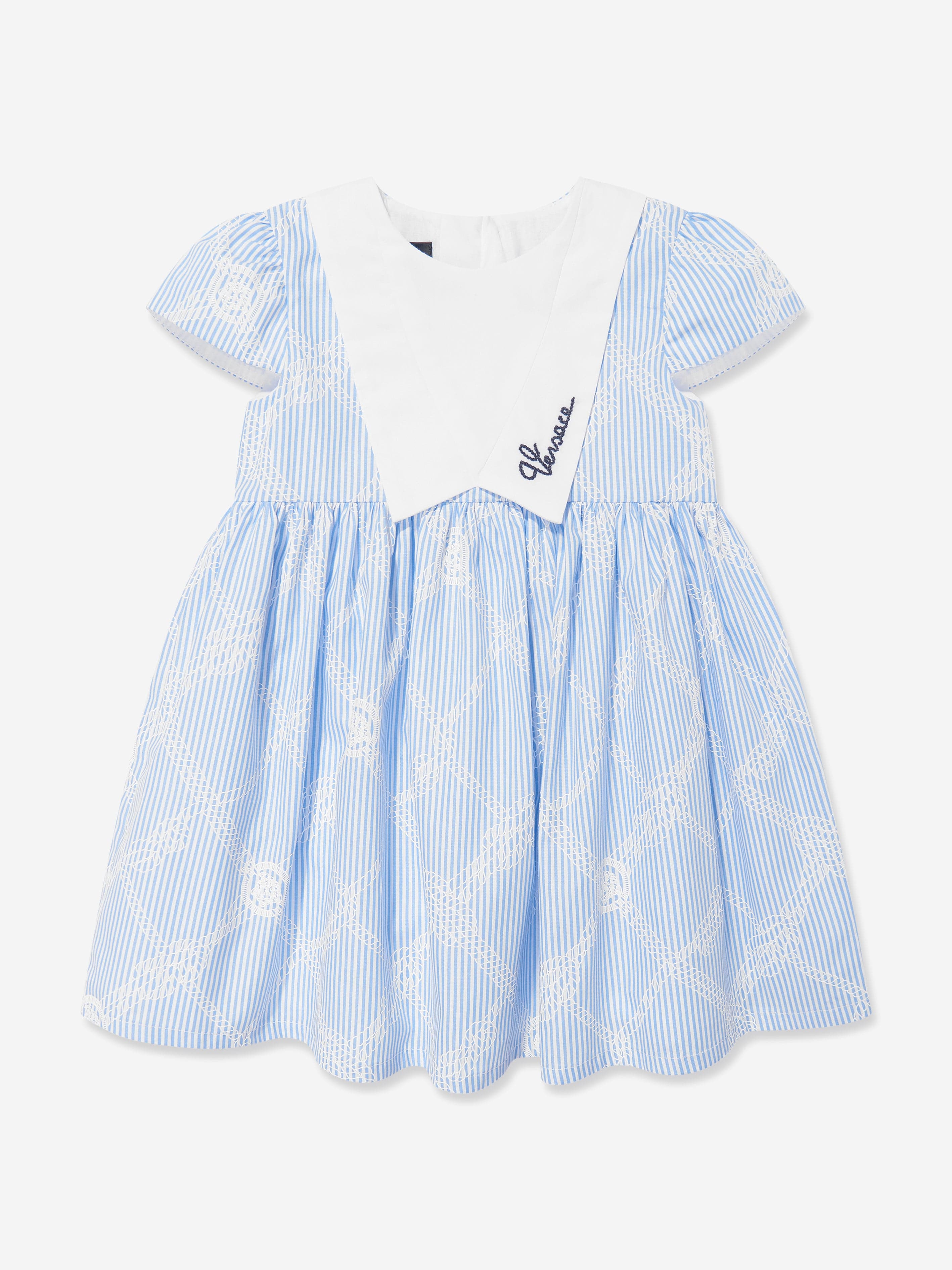 Versace Baby Girls Logo Marine Embroidered Dress in Blue