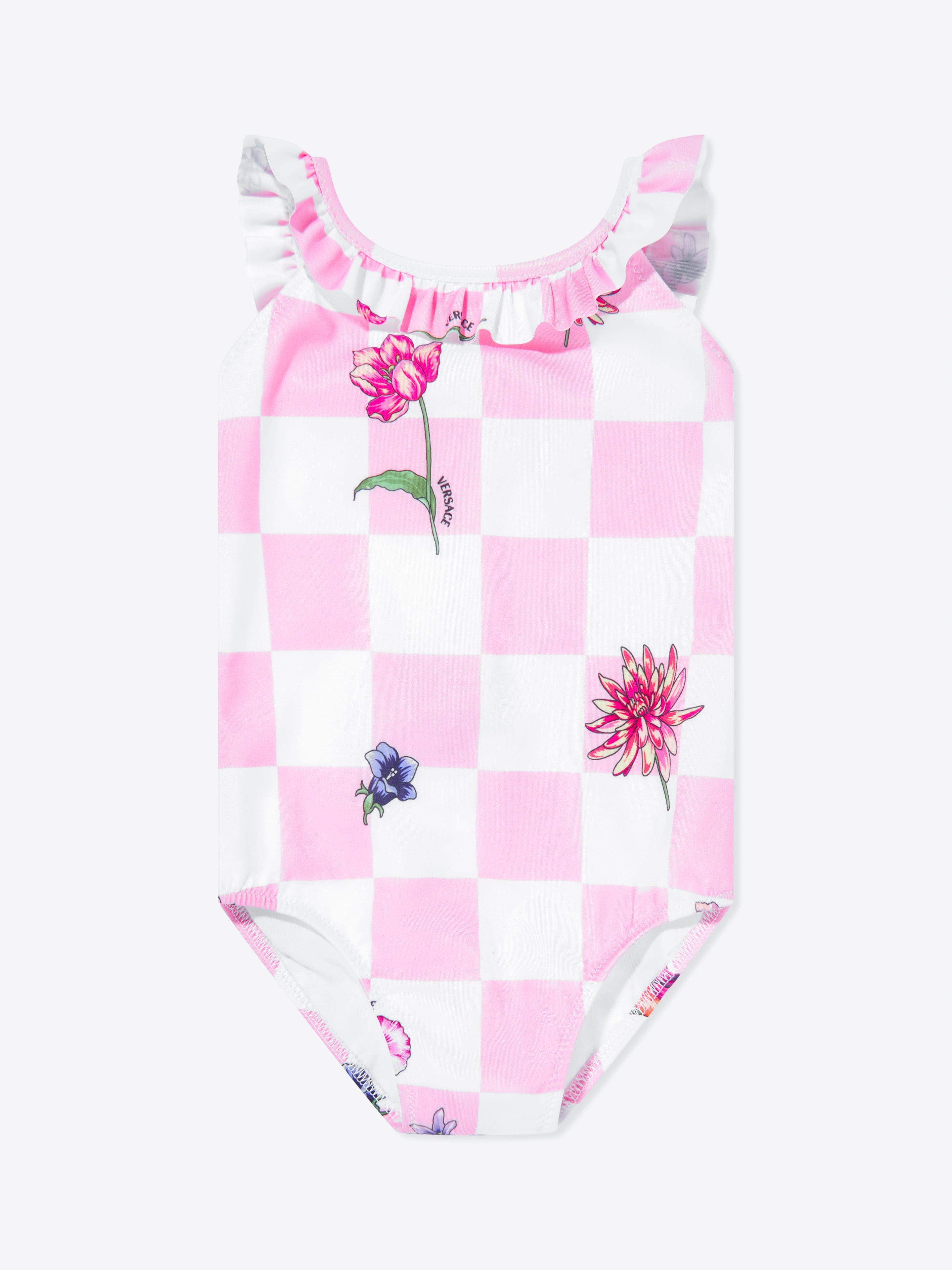 Versace Baby Girls Damier Flowers Swimsuit in Pink