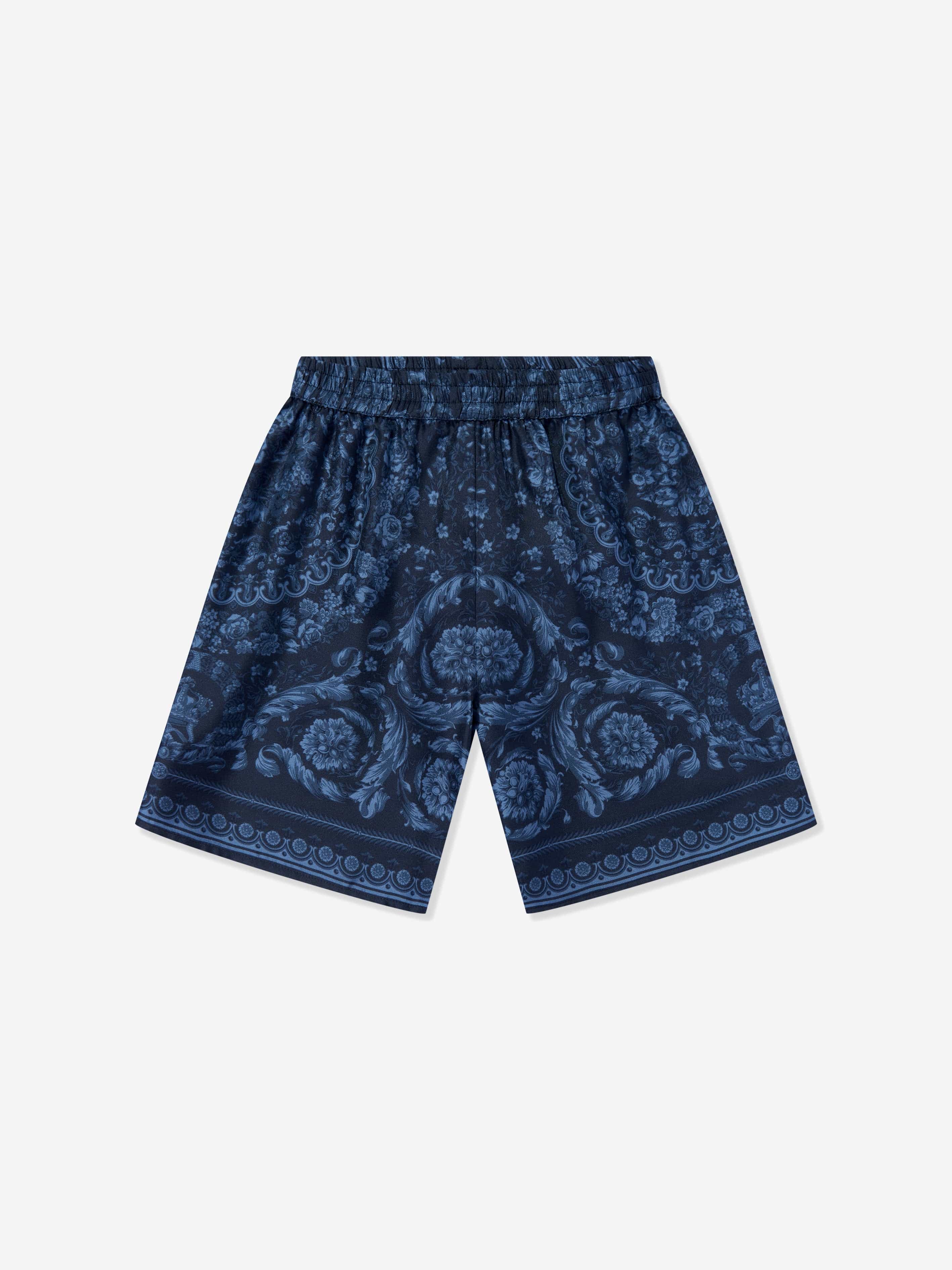 Versace Boys Silk Barocco Shorts in Navy