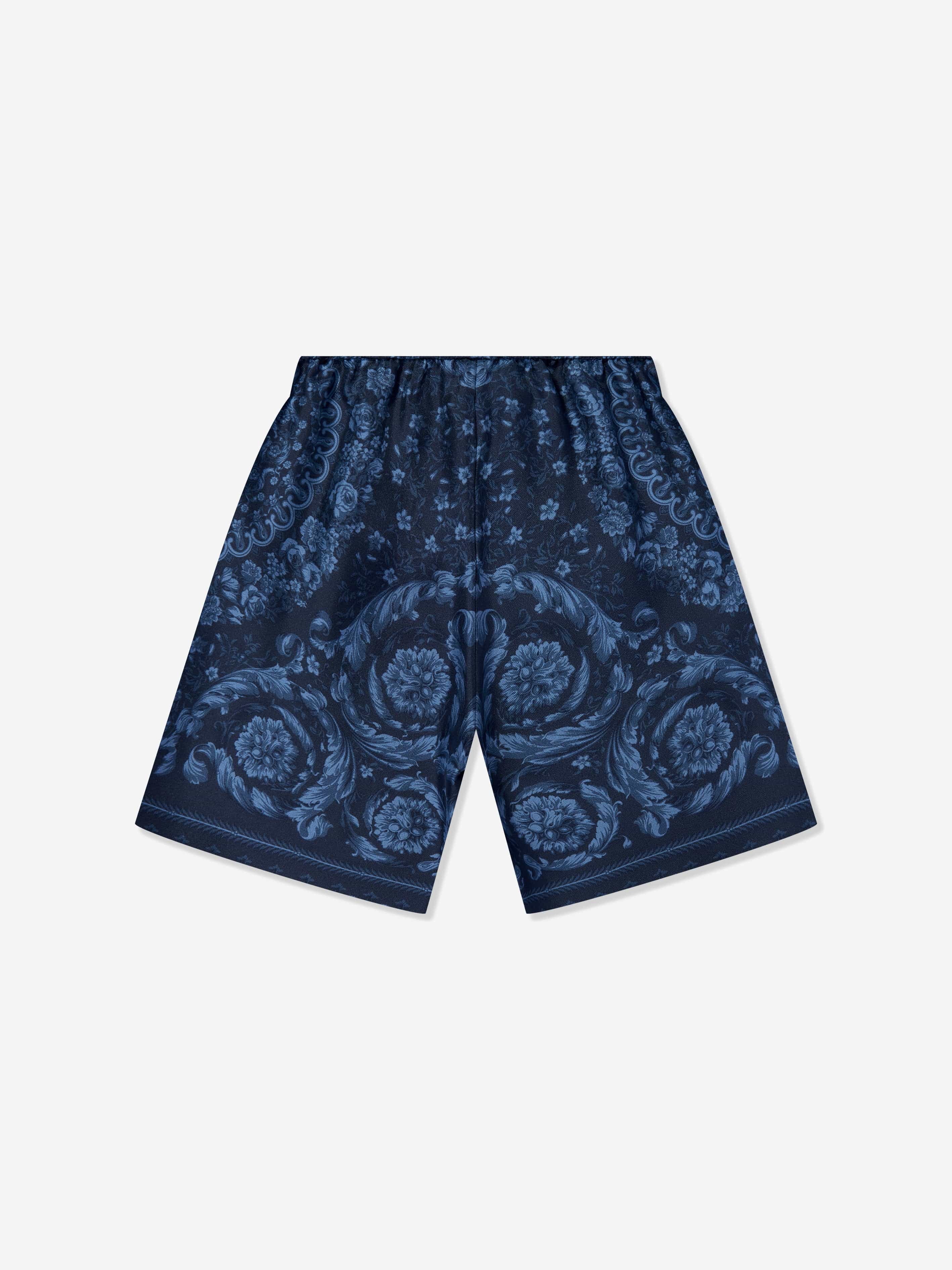 Versace Boys Silk Barocco Shorts in Navy