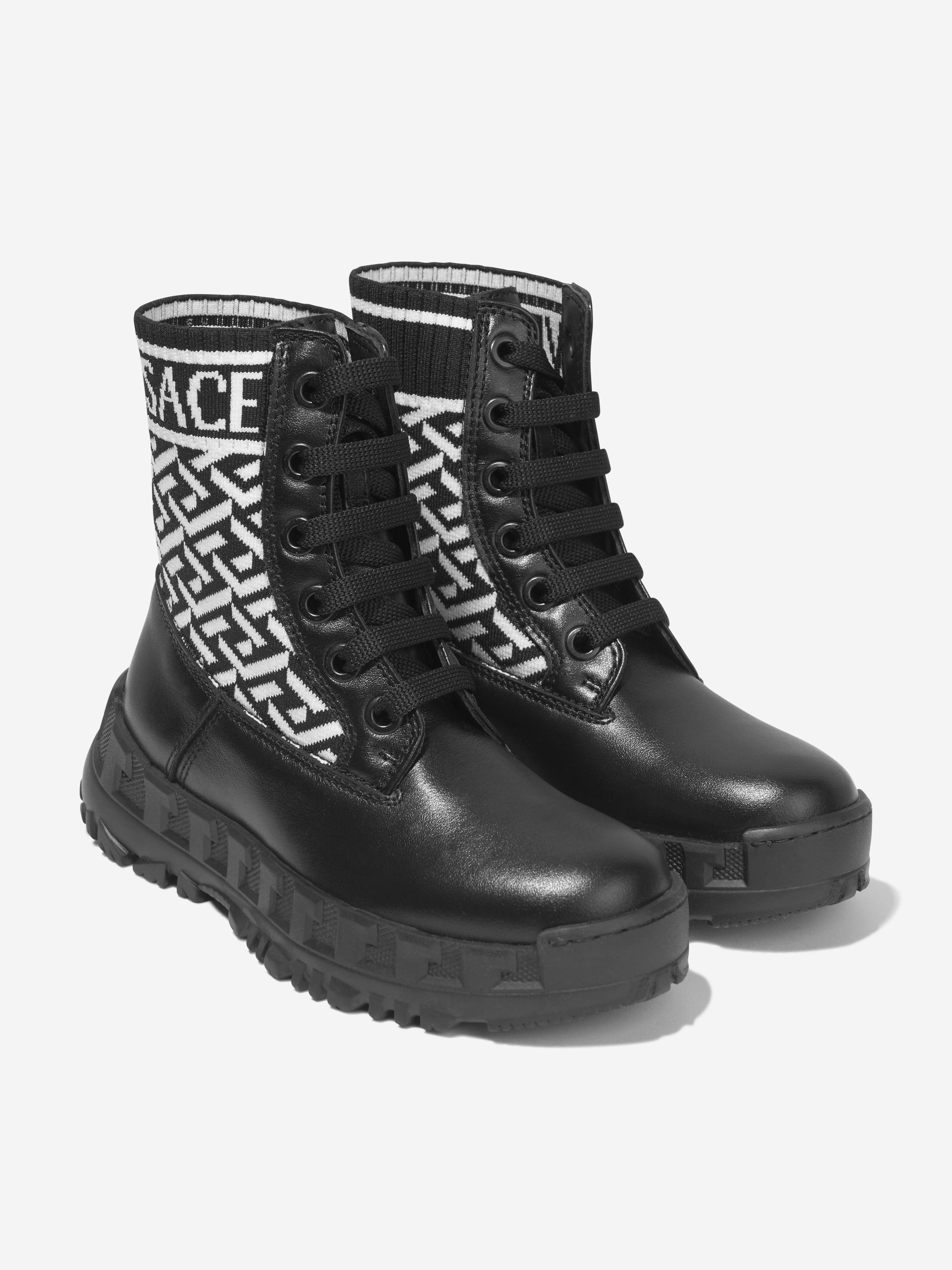 Versace Girls Leather La Greca Lace Up Boots