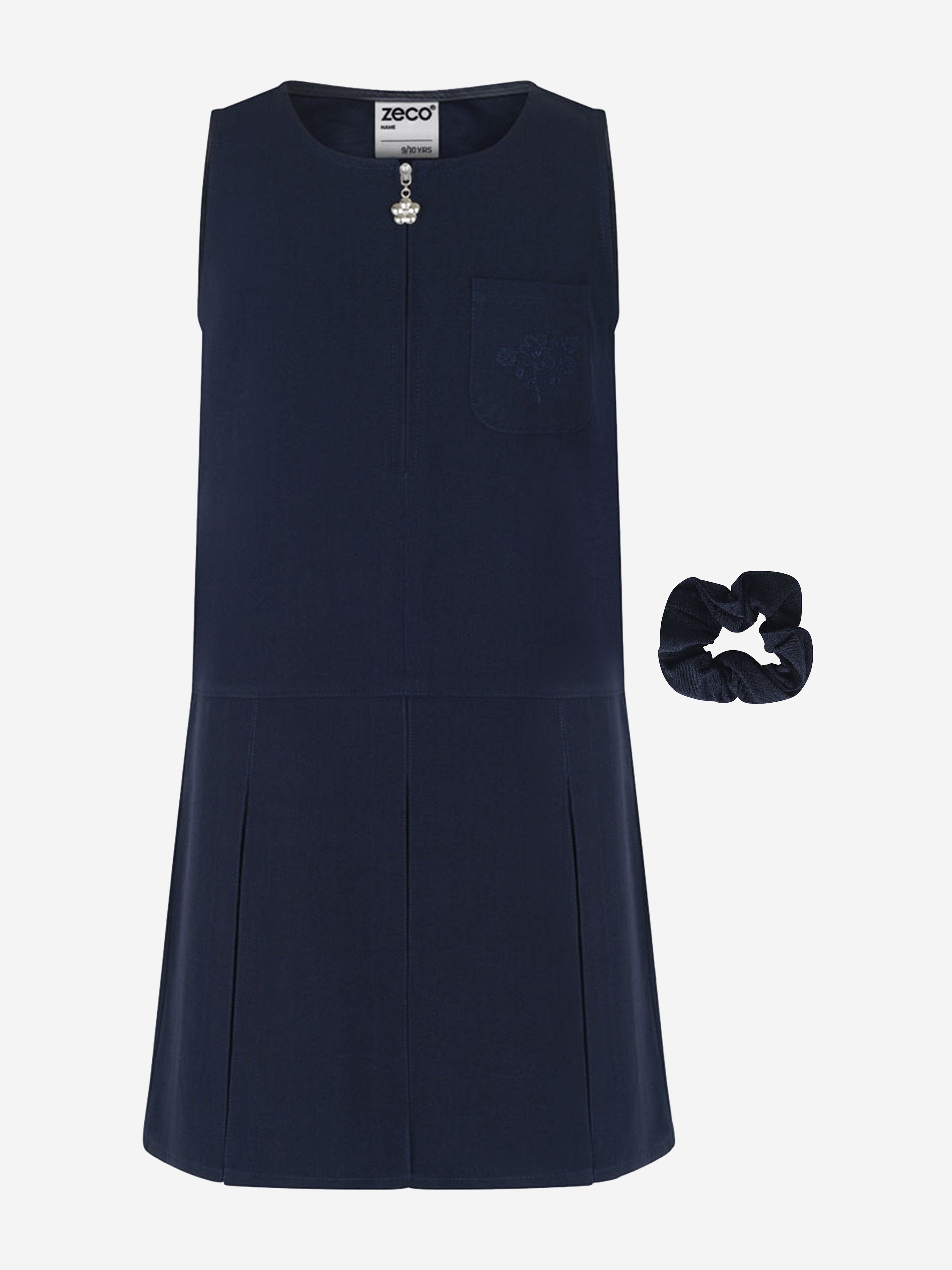 Zeco Girls School Flower Embroidered Pinafore Dress in Navy