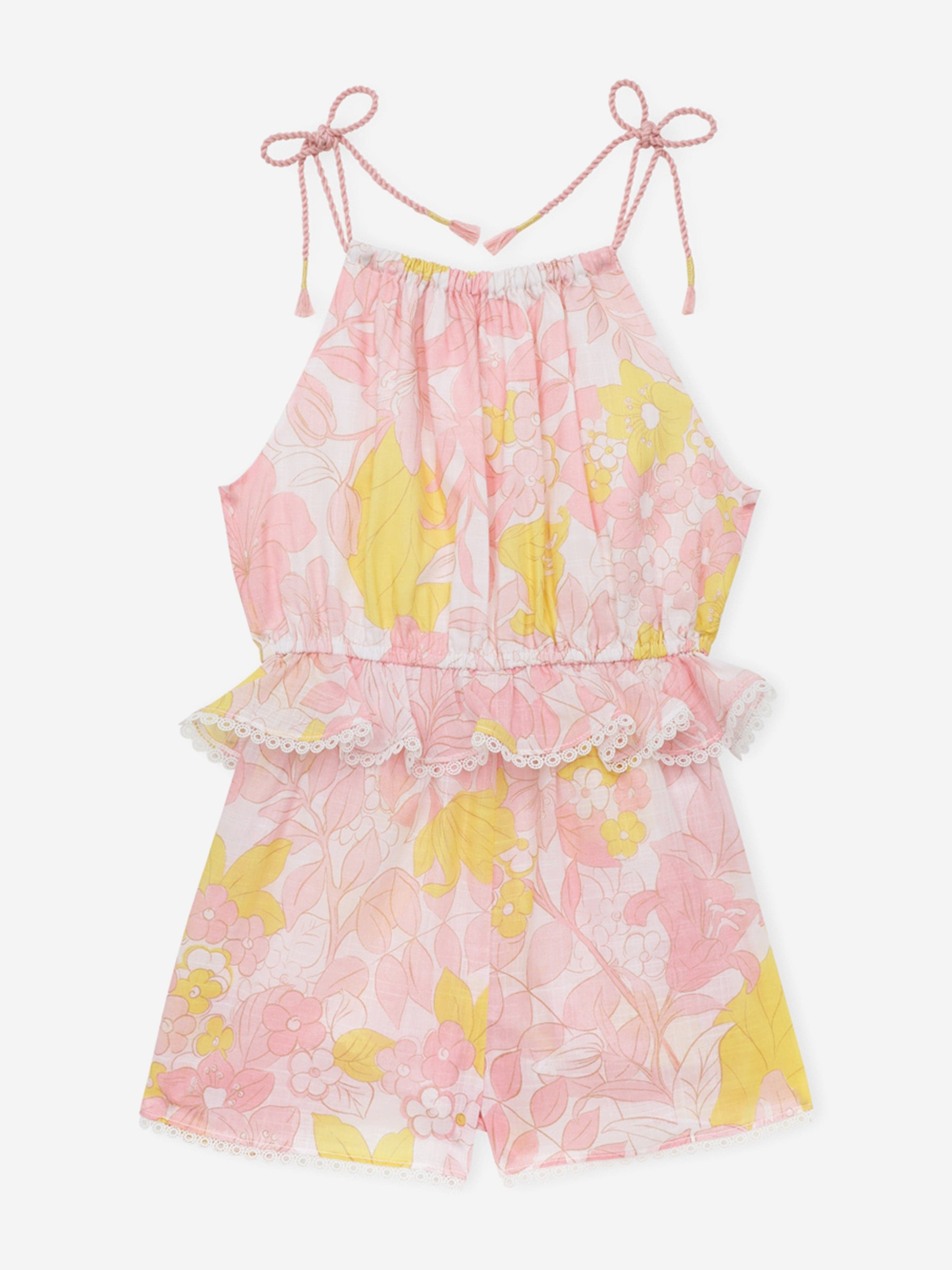 Zimmermann Girls Floral Pop Tie Playsuit in Pink