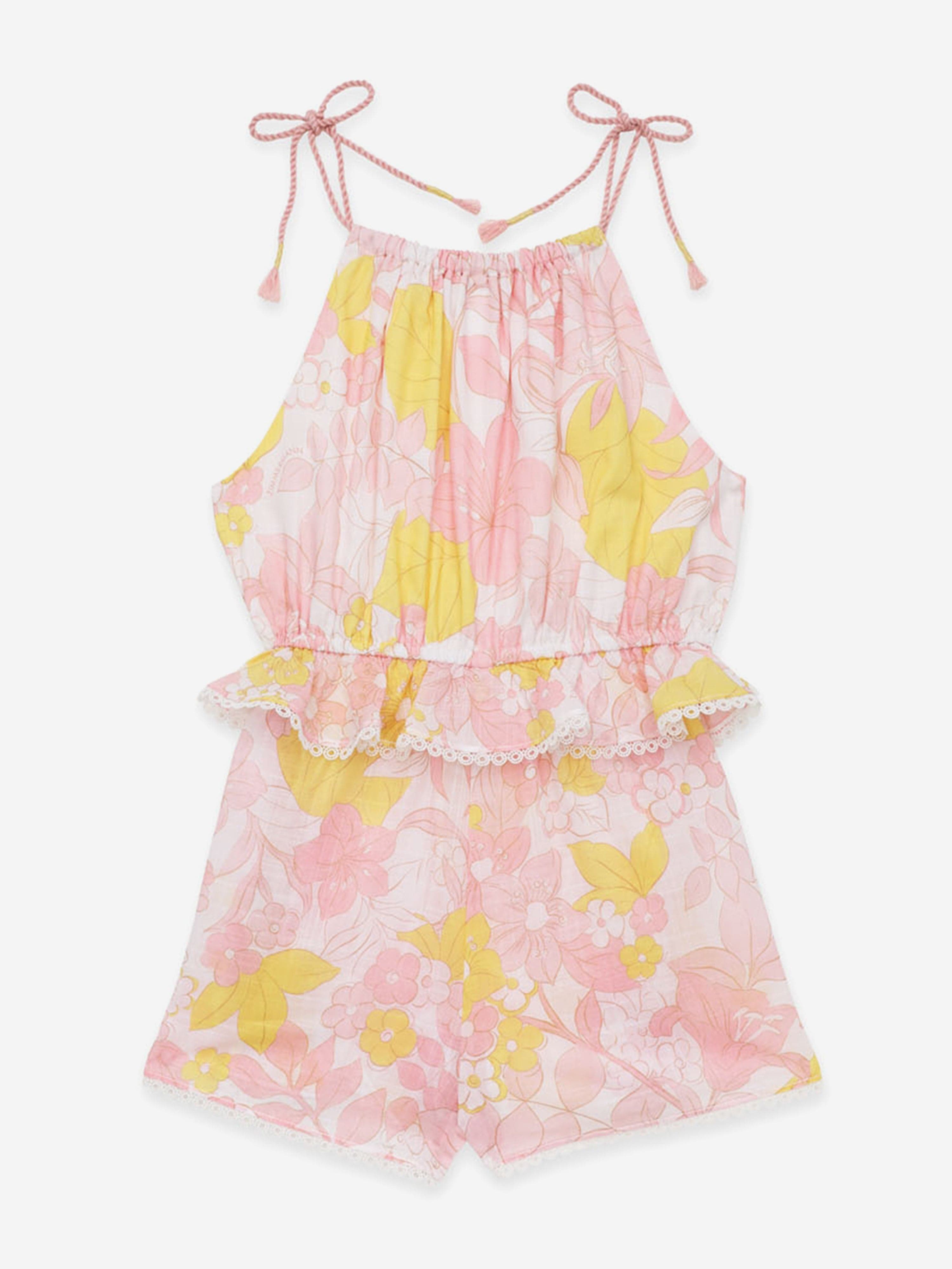 Zimmermann Girls Floral Pop Tie Playsuit in Pink