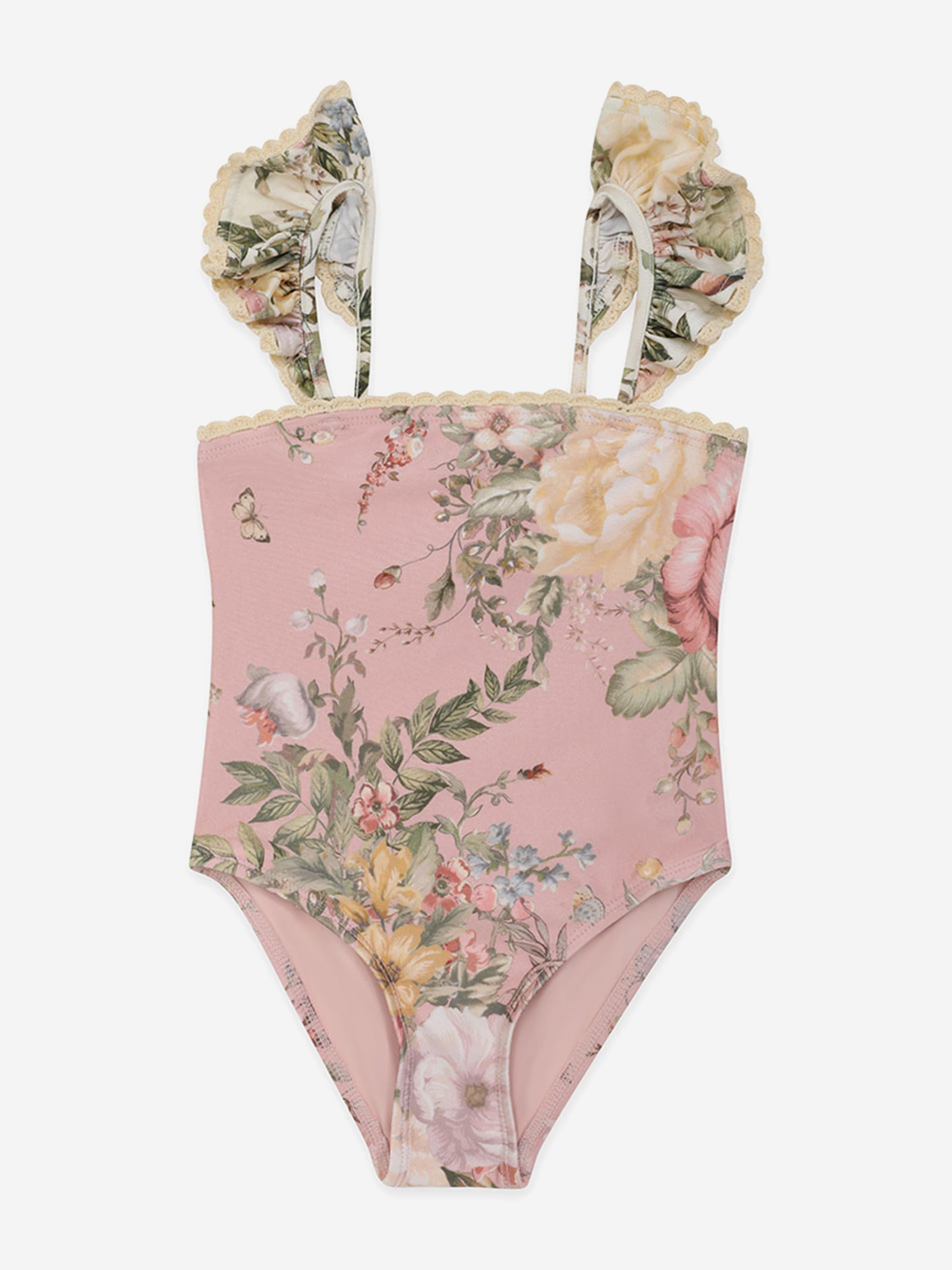 Zimmermann Girls Floral Waverly Trim Bandeau Swimsuit in Pink