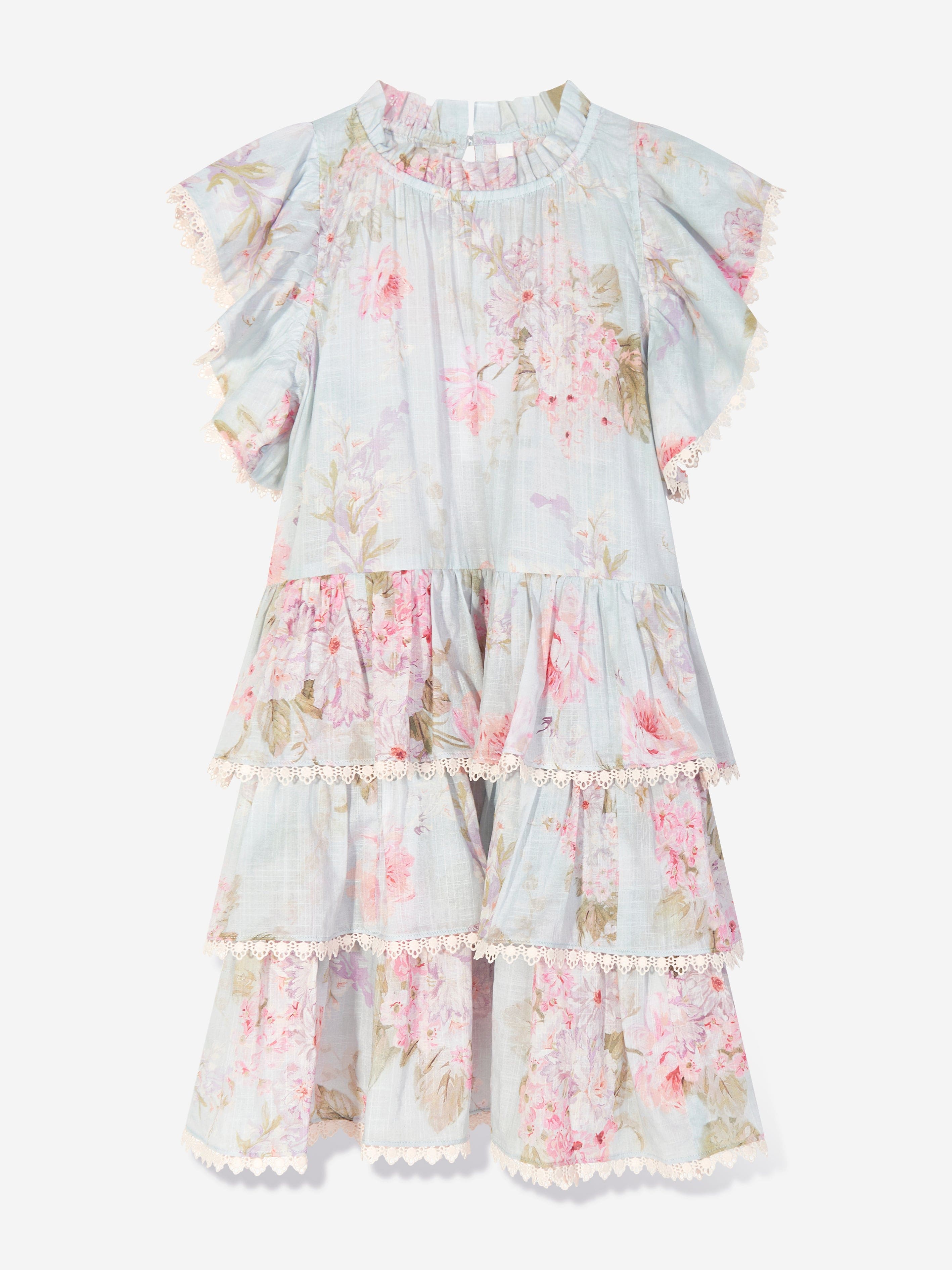 Zimmermann Girls Floral Halliday Frill Swimg Dress in Blue