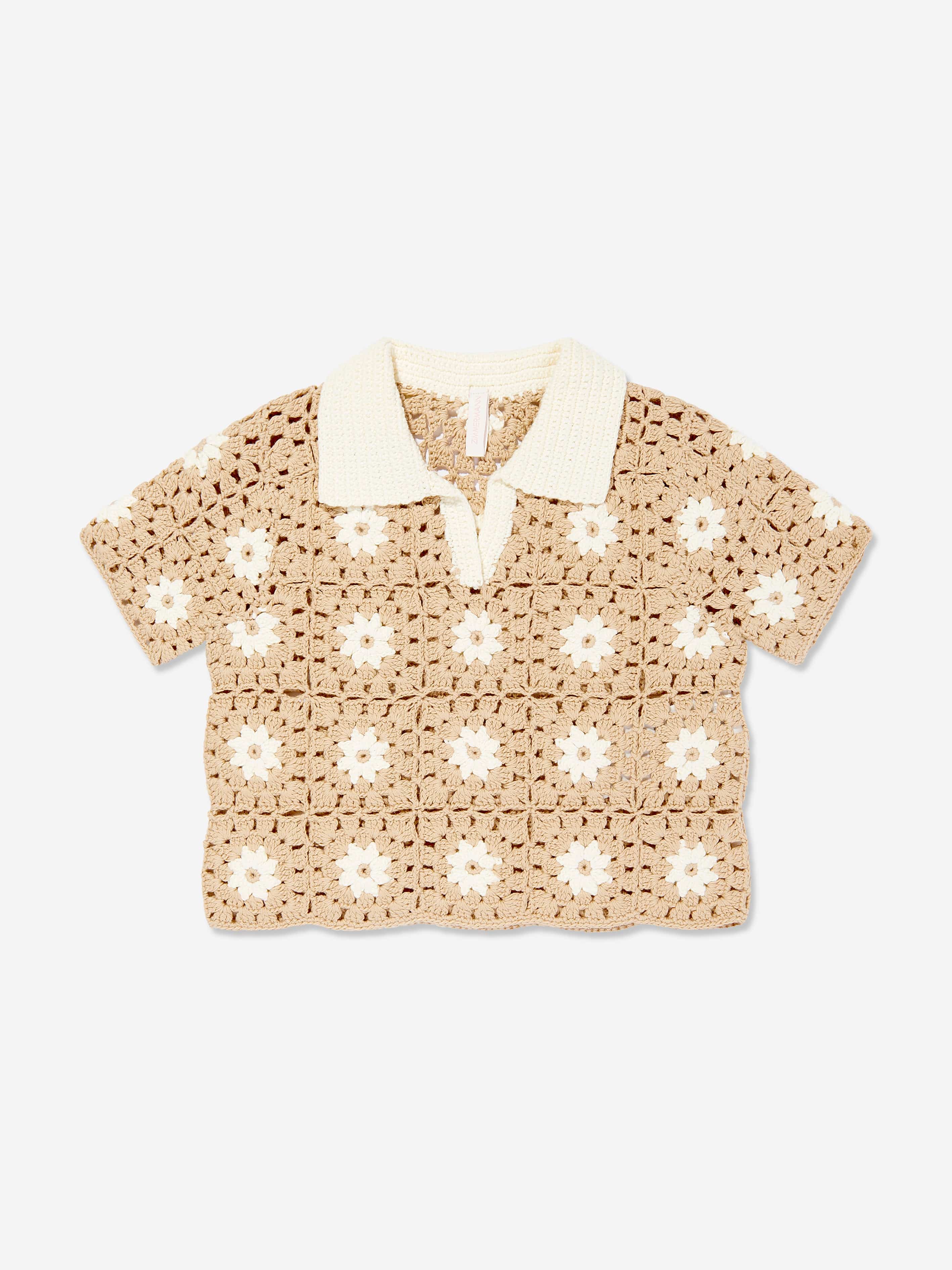 Zimmermann Girls Cascadian Crochet Polo Shirt in Ivory