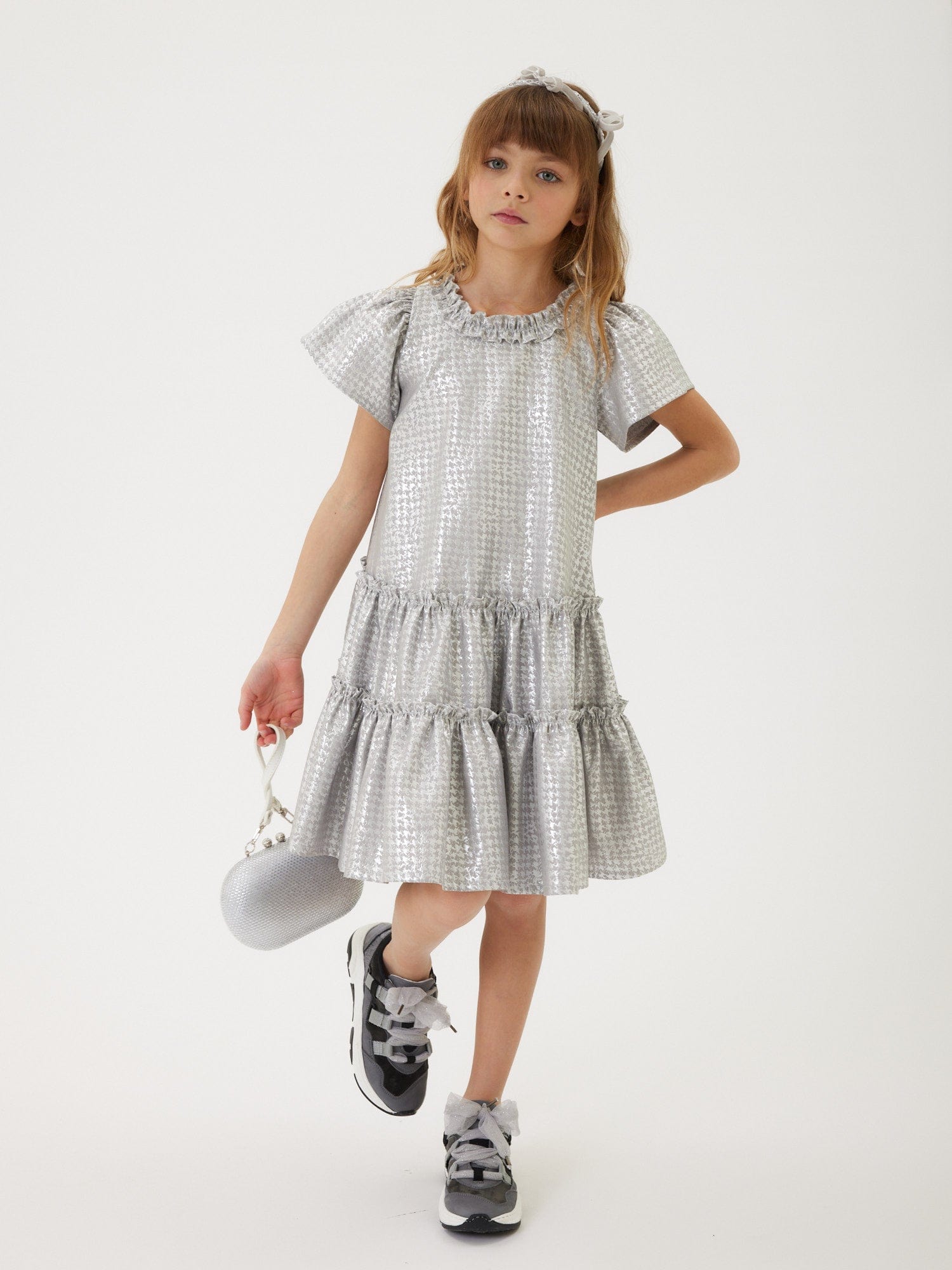 Monnalisa Girls Houndstooth Jacquard Dress in Silver