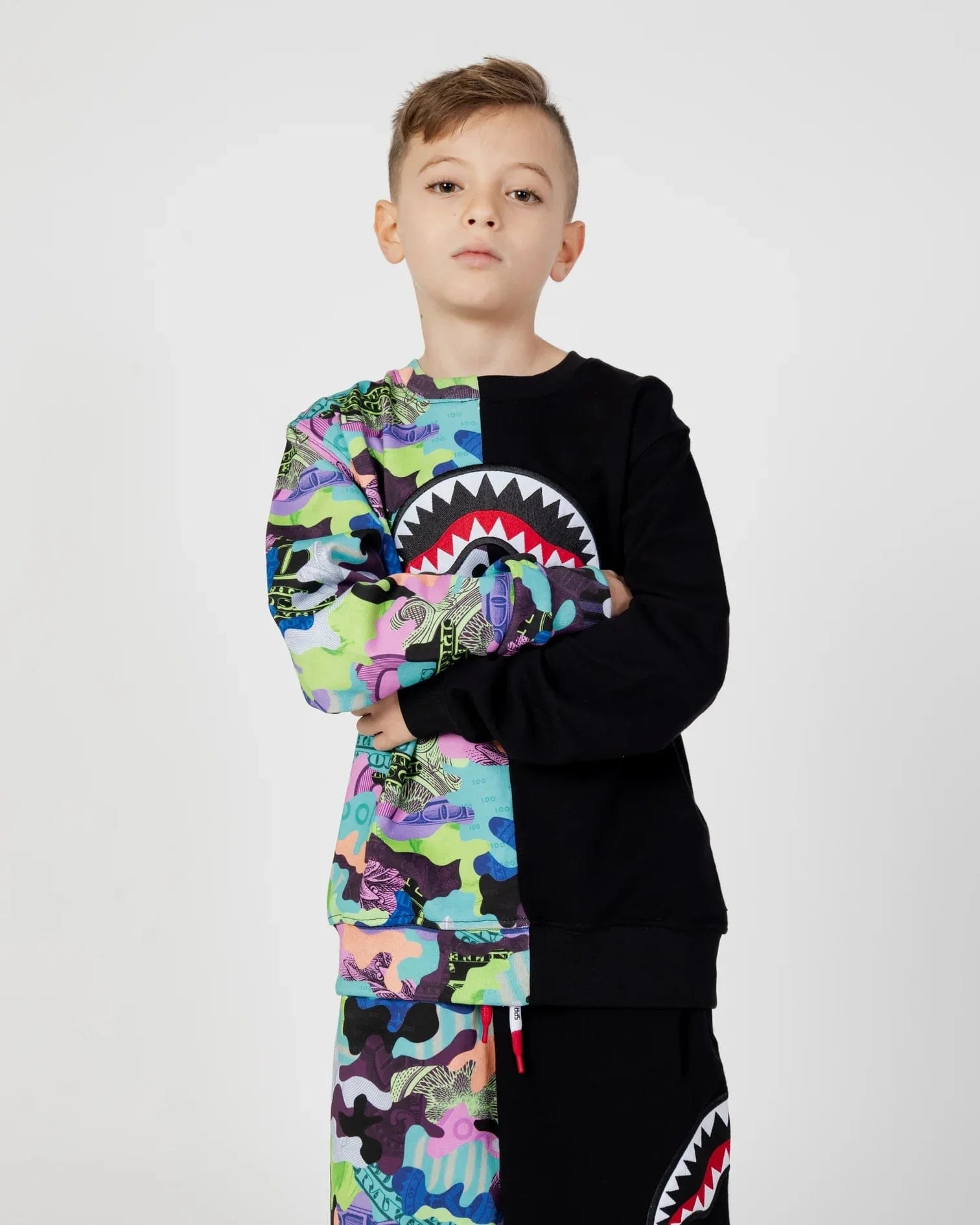 Sprayground Boys Camo 100 Split Crew Neck Sweatshirt in Multicolour