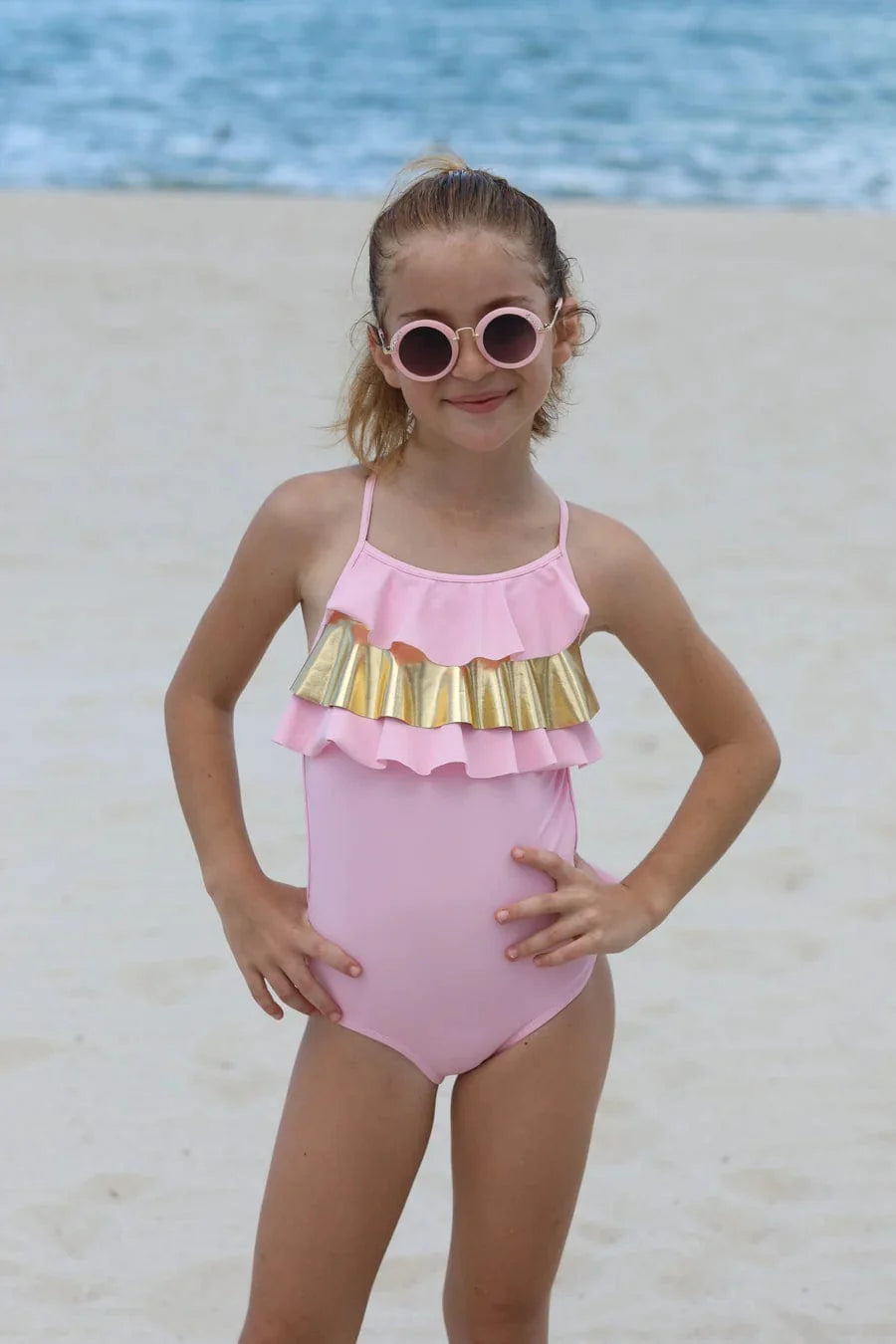 Nessi Byrd Girls Frilly Sola Swimsuit in Pink