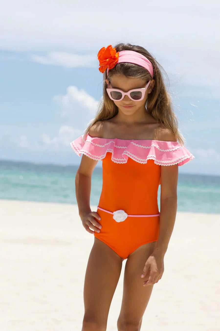 Nessi Byrd Girls Ruffled Crochet Flower Pina Swimsuit in Orange